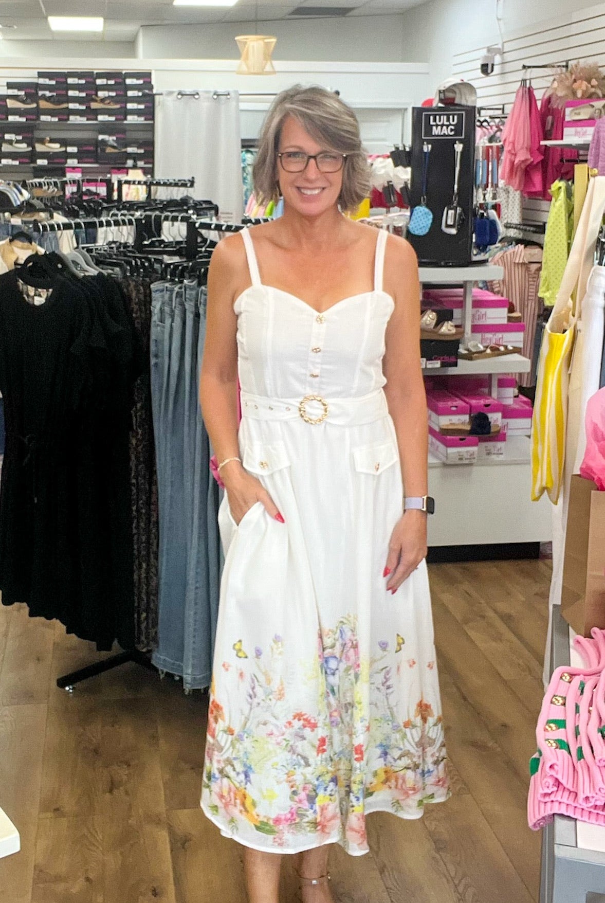Ivory Sleeveless Dress with Sweetheart Neckline and Floral Hem - A'Bekah's Boutique