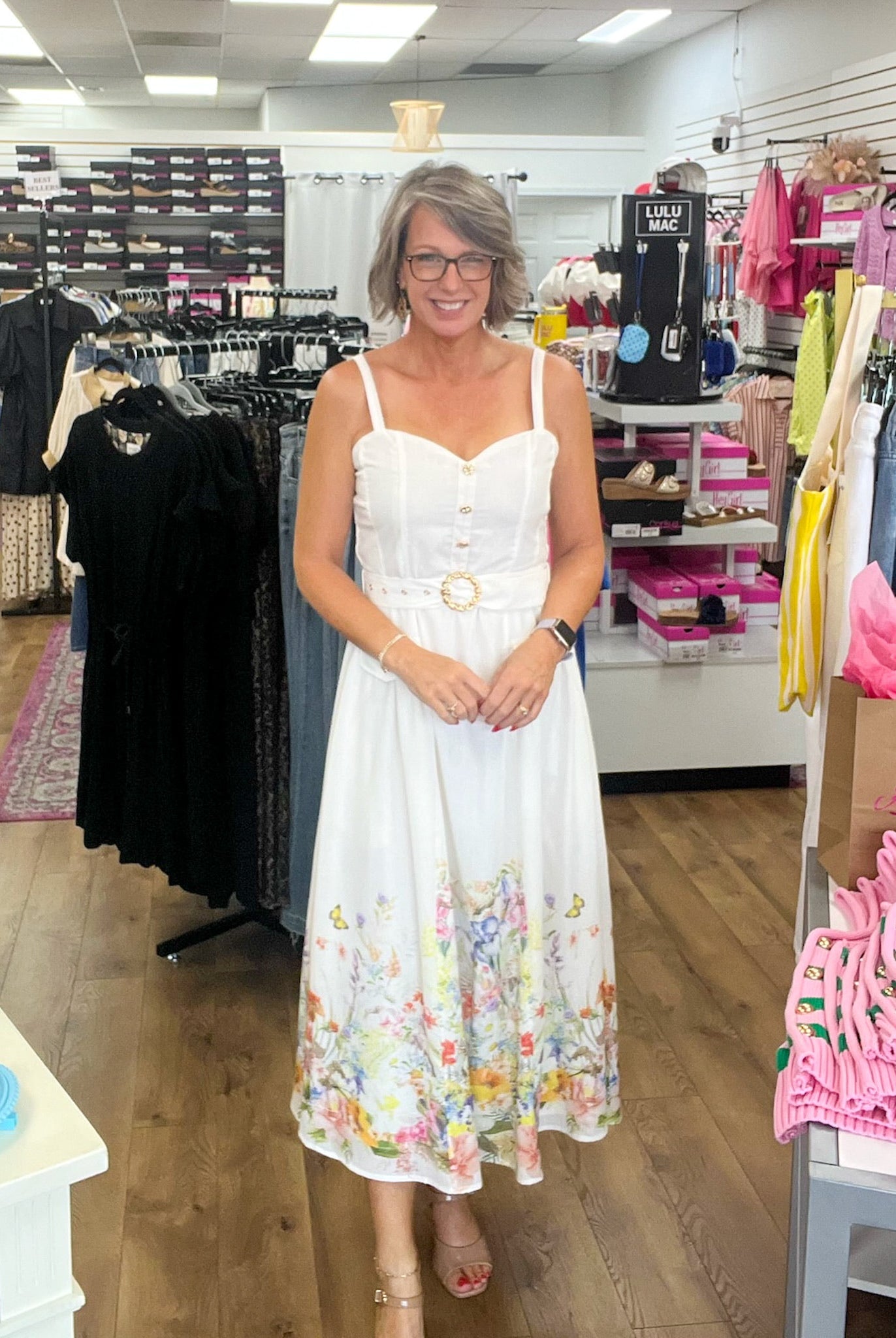 Ivory Sleeveless Dress with Sweetheart Neckline and Floral Hem - A'Bekah's Boutique