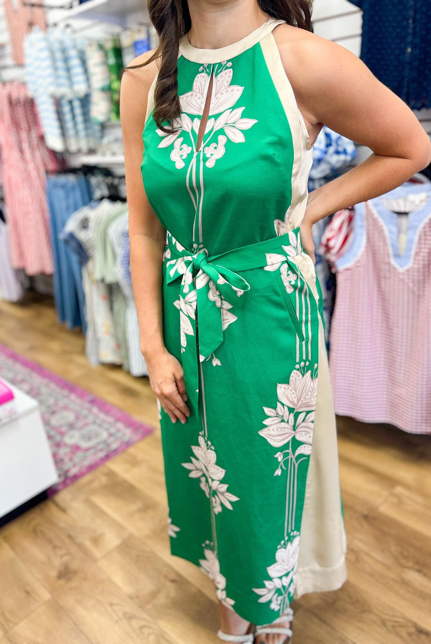 Jade Green Floral Sleeveless Midi Dress with Self Tie Waist - A'Bekah's Boutique