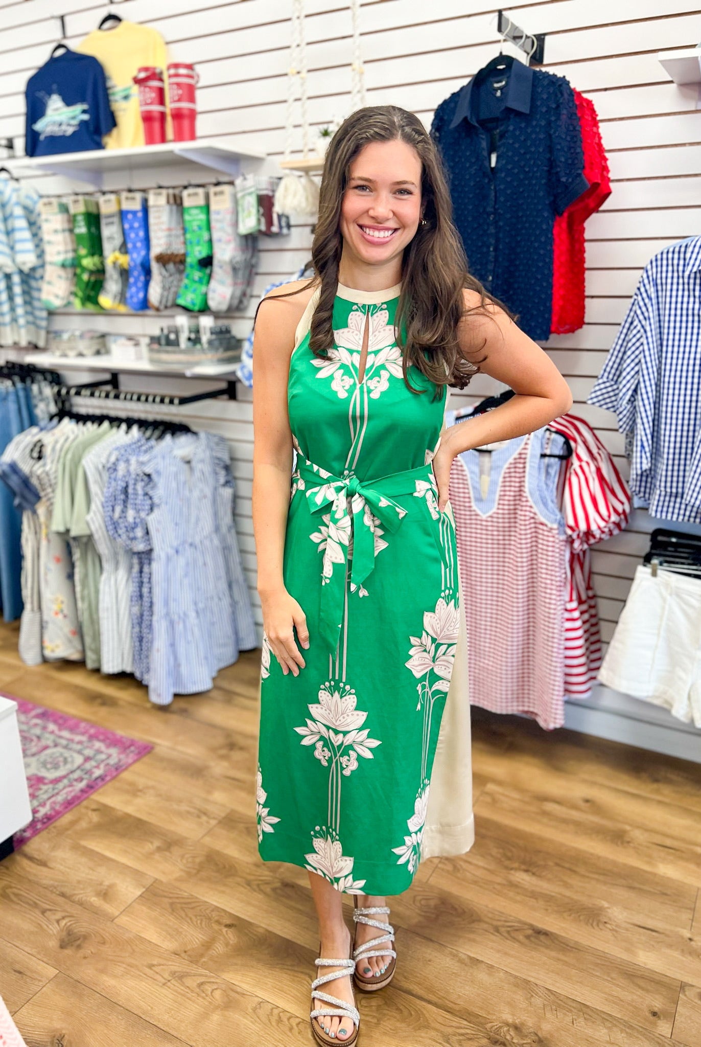 Jade Green Floral Sleeveless Midi Dress with Self Tie Waist - A'Bekah's Boutique