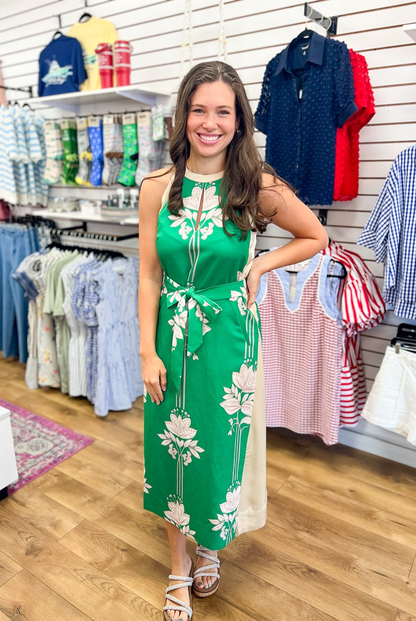 Jade Green Floral Sleeveless Midi Dress with Self Tie Waist - A'Bekah's Boutique