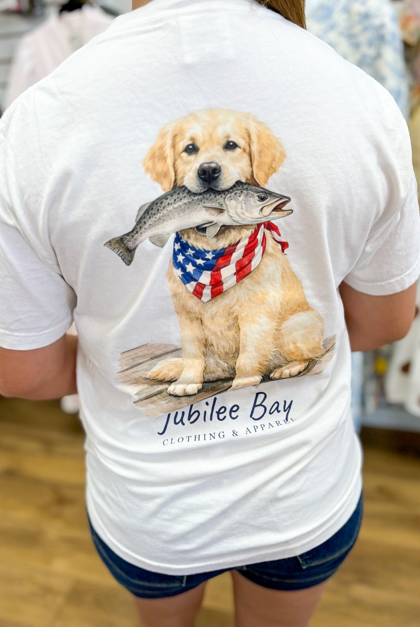 Jubilee Bay White T-Shirt Dog with Fish in Mouth - A'Bekah's Boutique
