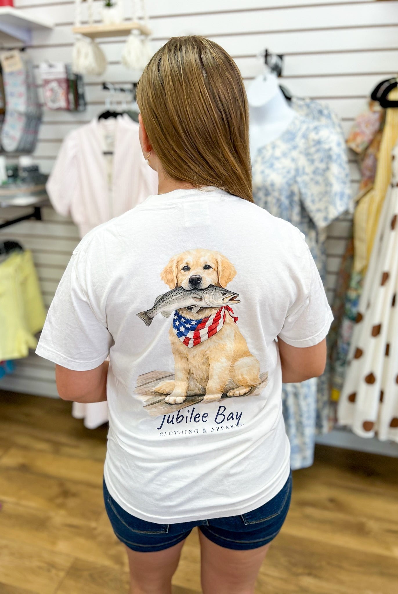 Jubilee Bay White T-Shirt Dog with Fish in Mouth - A'Bekah's Boutique