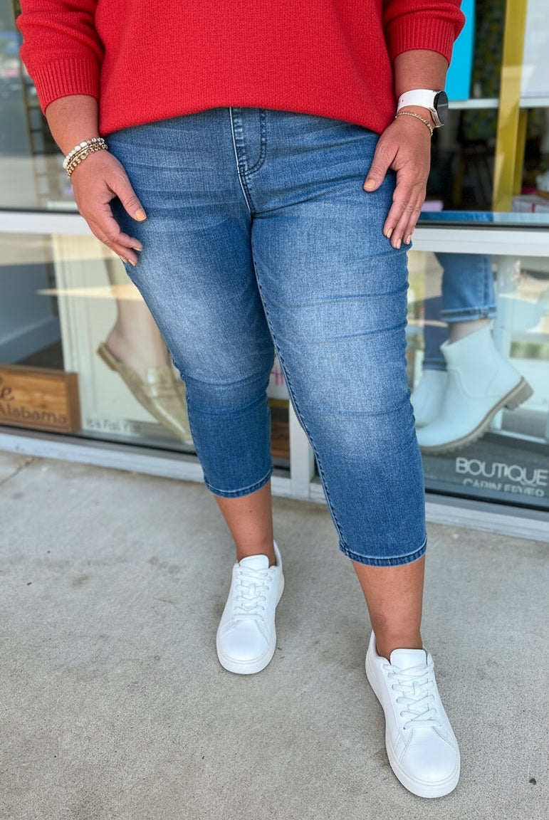 Judy Blue Cool Denim High Waist Pull On Cropped Jeans (C) - A'Bekah's Boutique