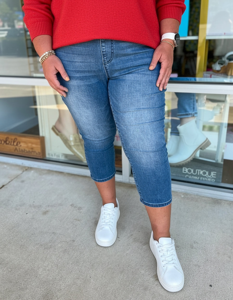 Judy Blue Cool Denim High Waist Pull On Cropped Jeans (C) - A'Bekah's Boutique