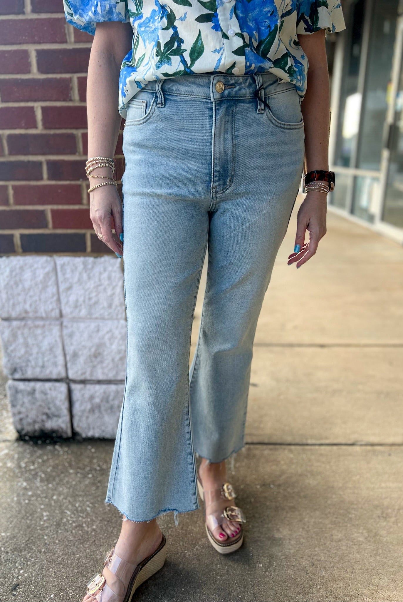 Judy Blue Light Wash Mid Rise Kick Flare Jeans with Raw Hem 26.5" Inseam - A'Bekah's Boutique