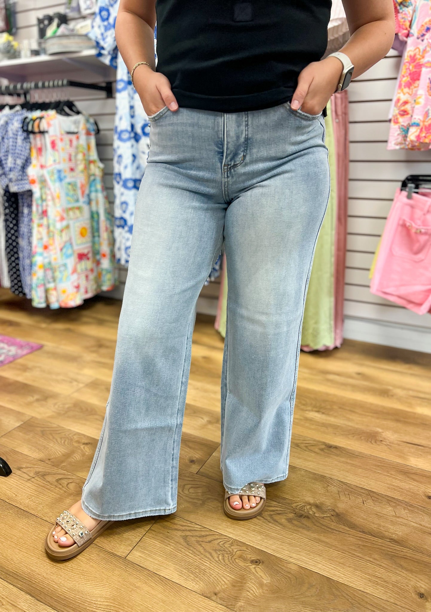 Judy Blue Light Wash Petite Retro Wide Leg Tummy Control Jeans 30" Inseam - A'Bekah's Boutique