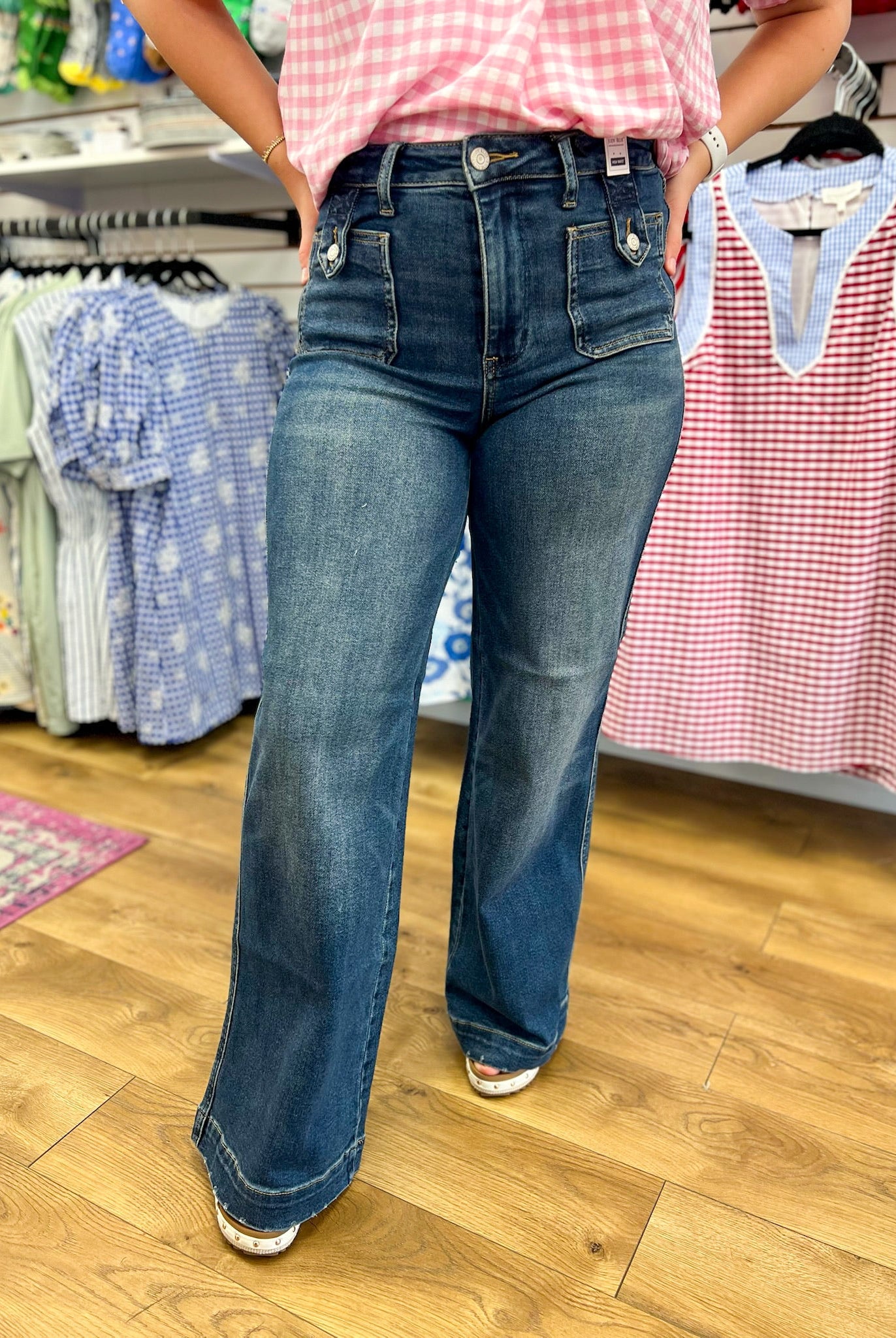 Judy Blue LUX Retro Wide Jeans with Front Tab Patch Pockets 32" Inseam - A'Bekah's Boutique