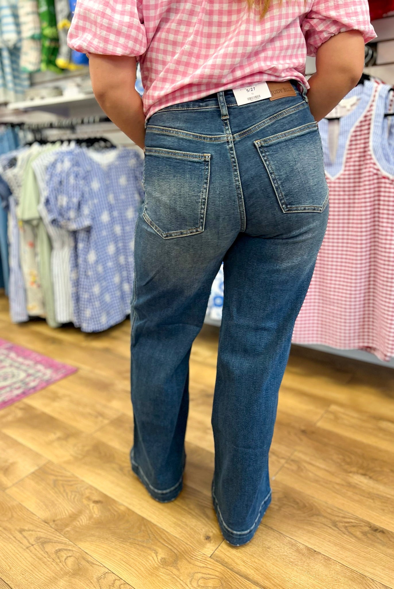 Judy Blue LUX Retro Wide Jeans with Front Tab Patch Pockets 32" Inseam - A'Bekah's Boutique