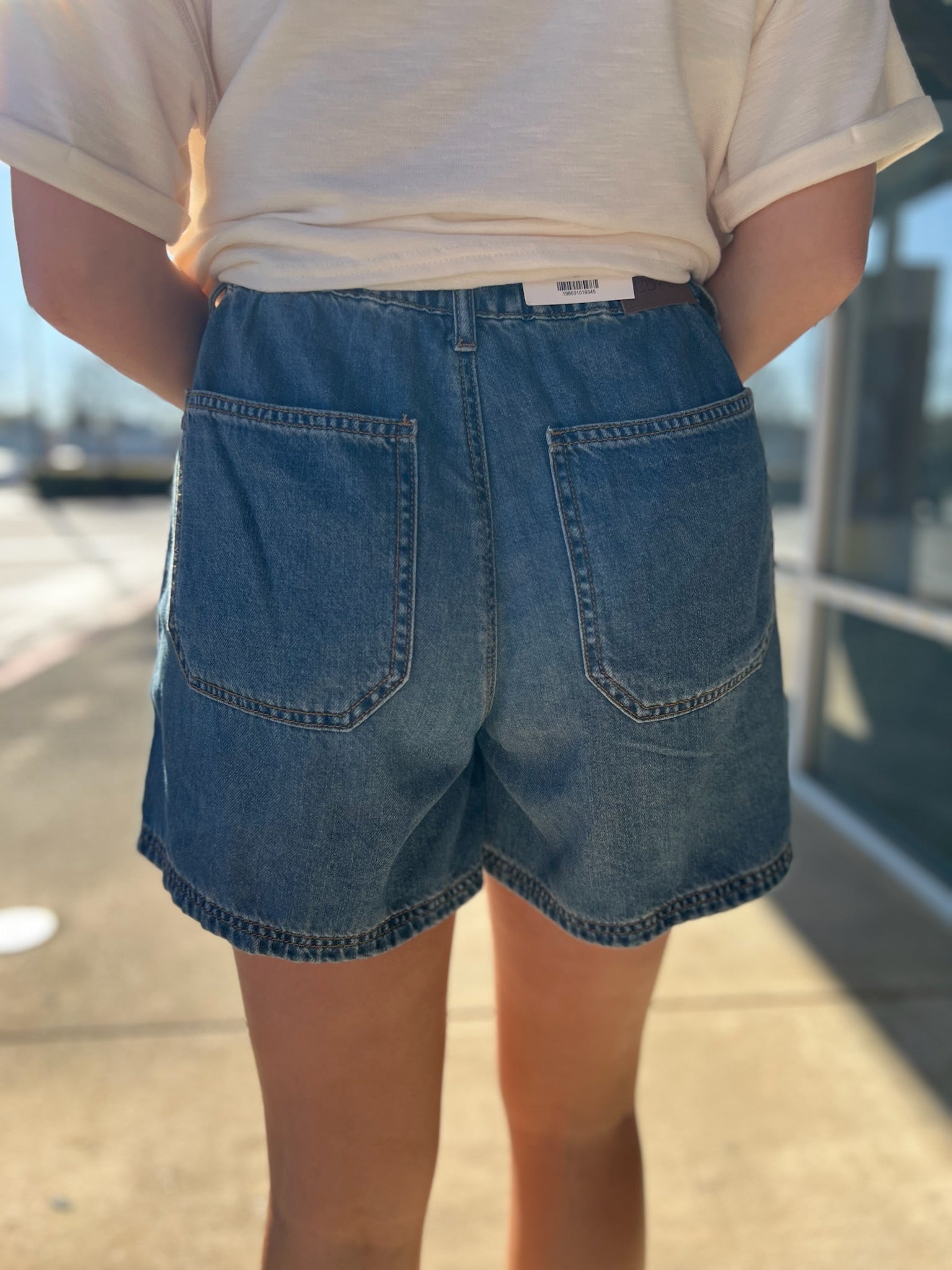 Judy Blue Medium Denim Featherweight Baggy Shorts with Drawstring 5" Inseam - A'Bekah's Boutique