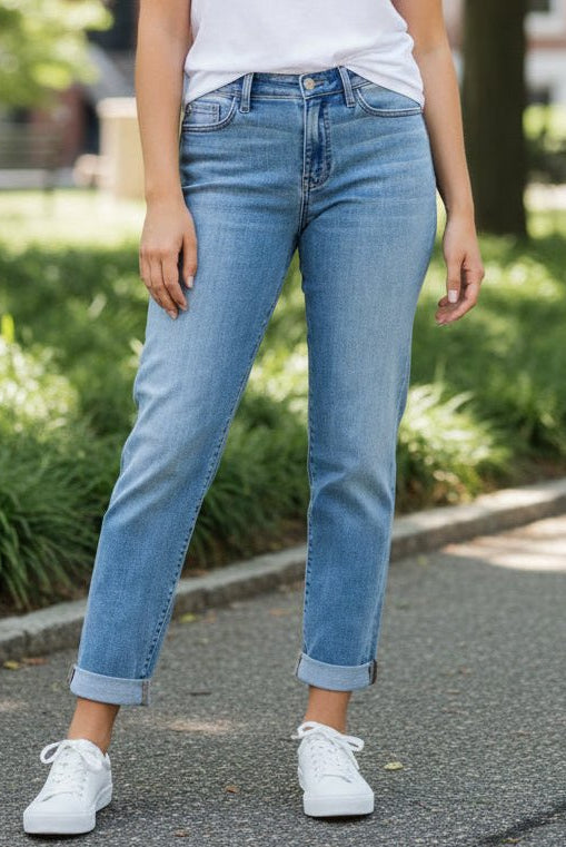 Judy Blue Medium Denim Mid Rise Non - Distressed Boyfriend Jeans - A'Bekah's Boutique