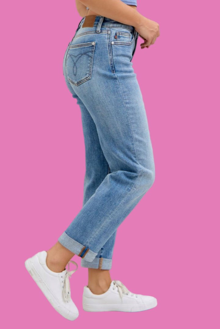 Judy Blue Medium Denim Mid Rise Non - Distressed Boyfriend Jeans - A'Bekah's Boutique
