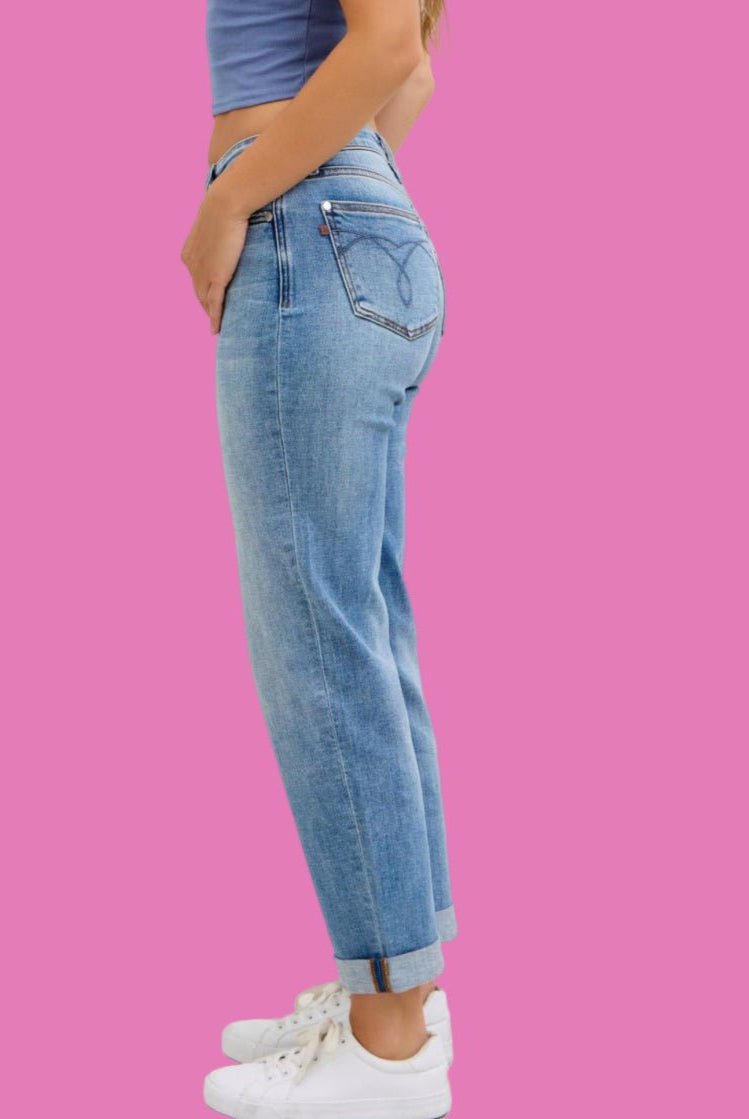 Judy Blue Medium Denim Mid Rise Non - Distressed Boyfriend Jeans - A'Bekah's Boutique