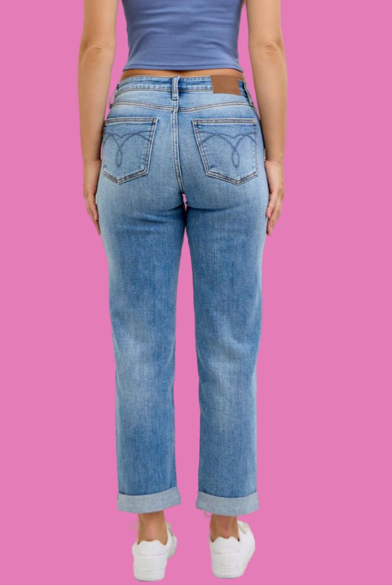Judy Blue Medium Denim Mid Rise Non - Distressed Boyfriend Jeans - A'Bekah's Boutique