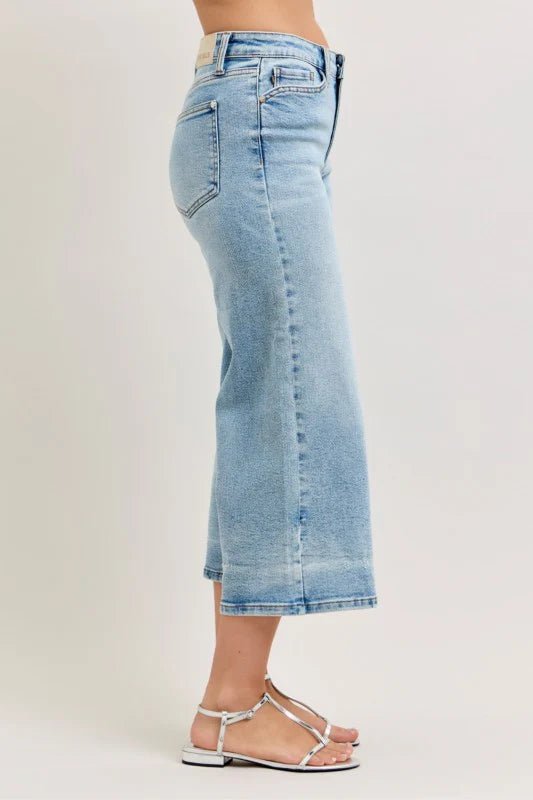 Judy Blue Medium Denim Mid Rise Wide Leg Cropped Jeans Inseam 24.5" - A'Bekah's Boutique