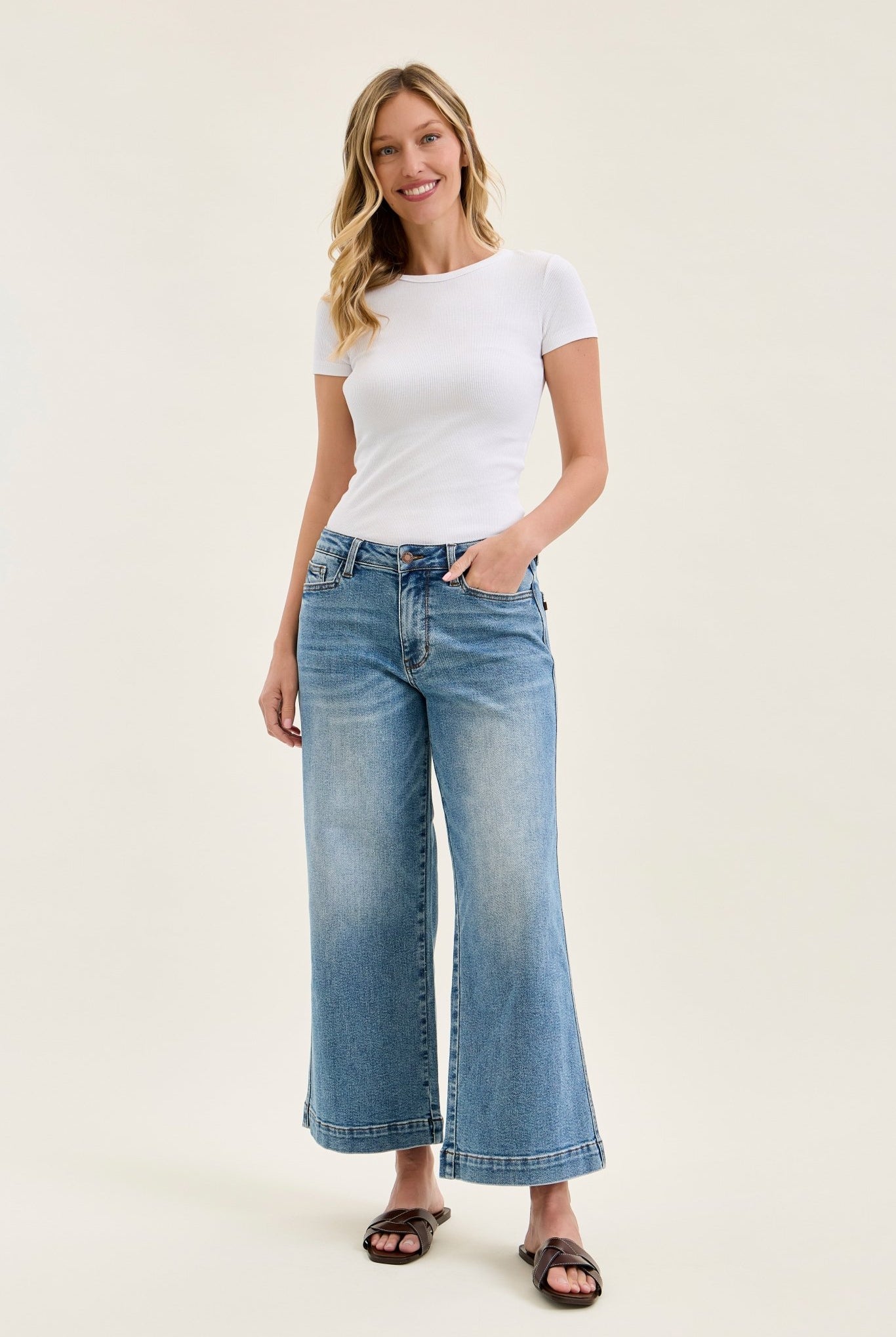 Judy Blue Mid Rise Ankle Wide Leg Jeans with Bandana Loop 27.5" Inseam - A'Bekah's Boutique