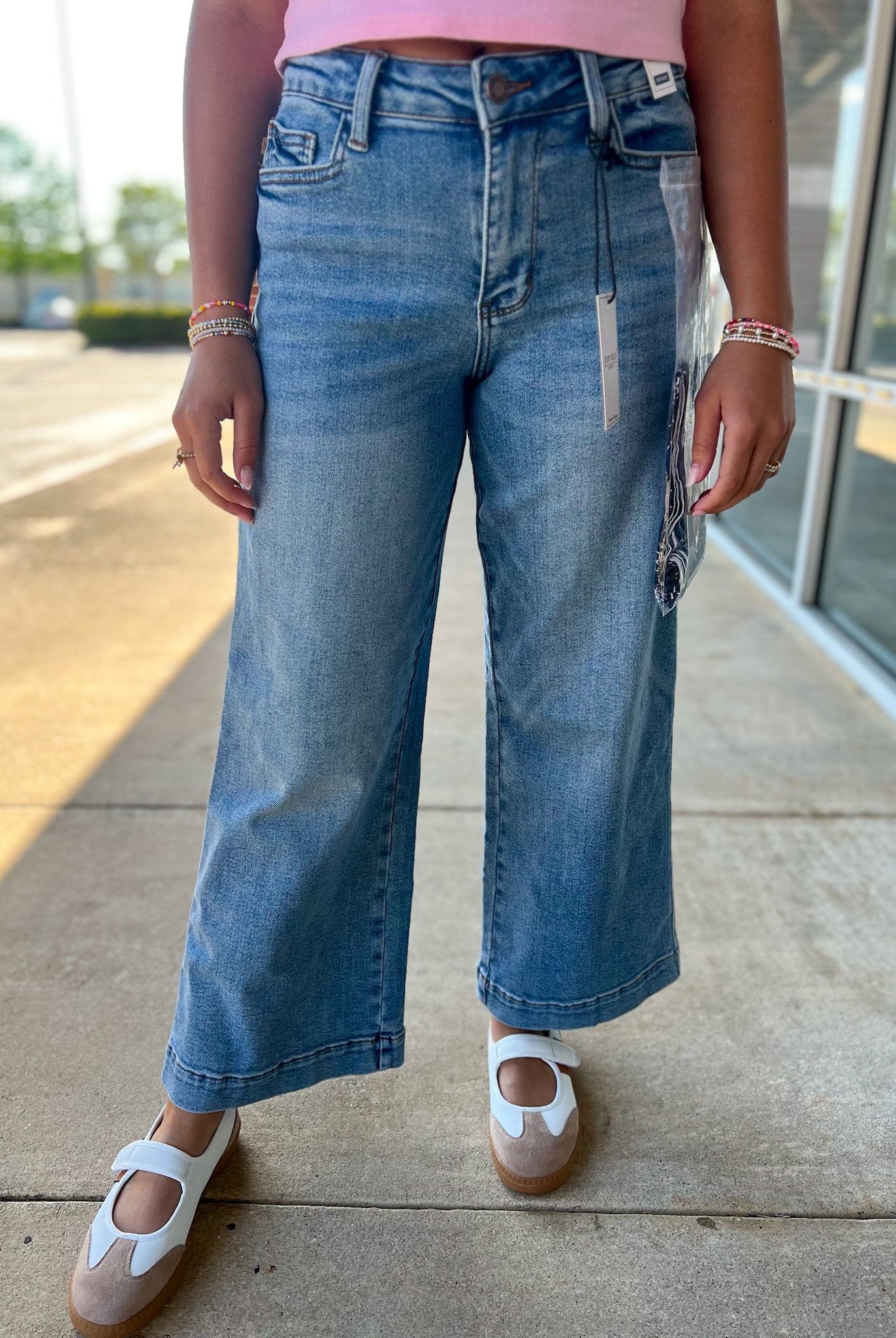 Judy Blue Mid Rise Ankle Wide Leg Jeans with Bandana Loop 27.5" Inseam - A'Bekah's Boutique