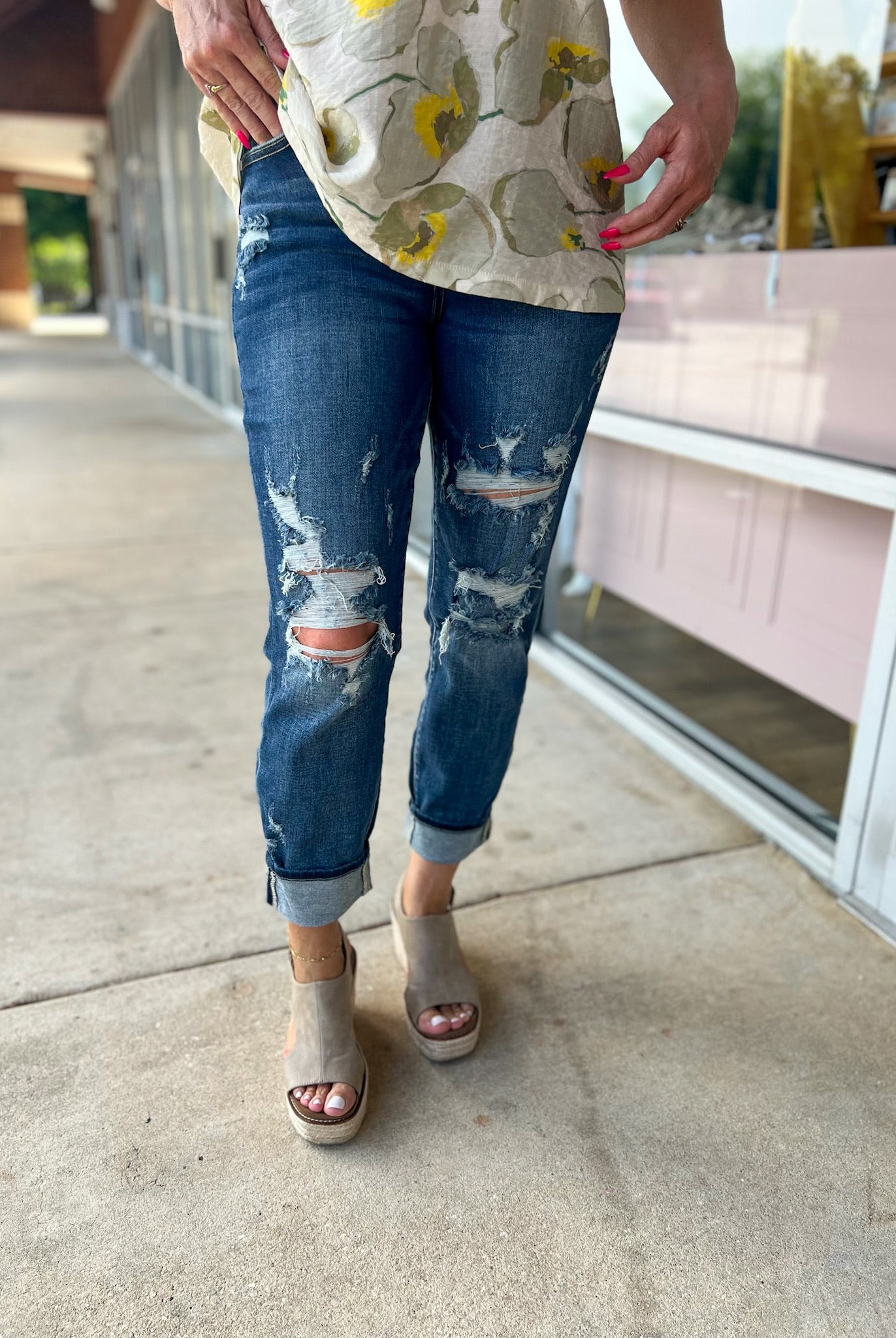 Judy Blue Mid Rise Cuffed Destroyed Boyfriend Jeans - A'Bekah's Boutique