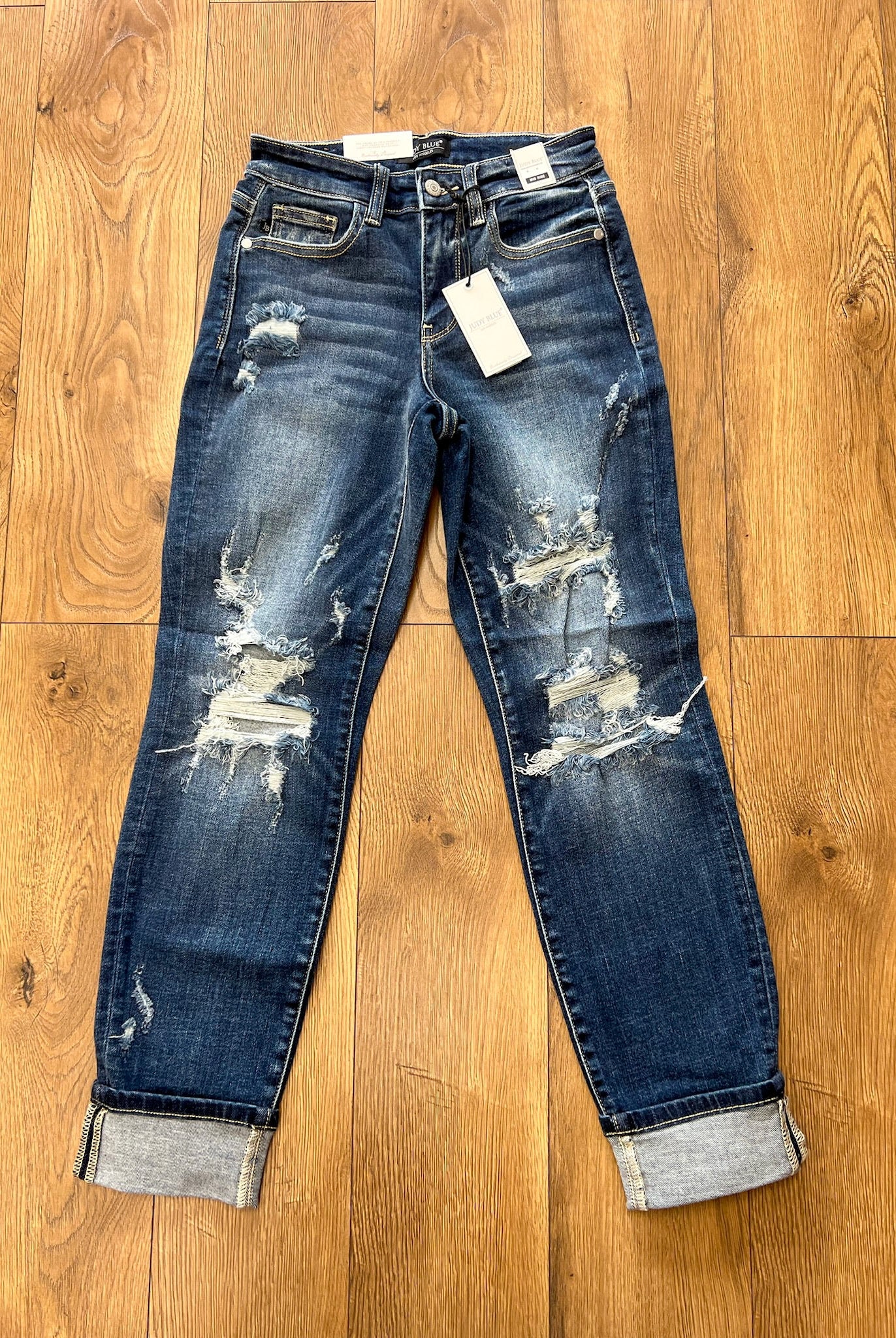 Judy Blue Mid Rise Cuffed Destroyed Boyfriend Jeans - A'Bekah's Boutique