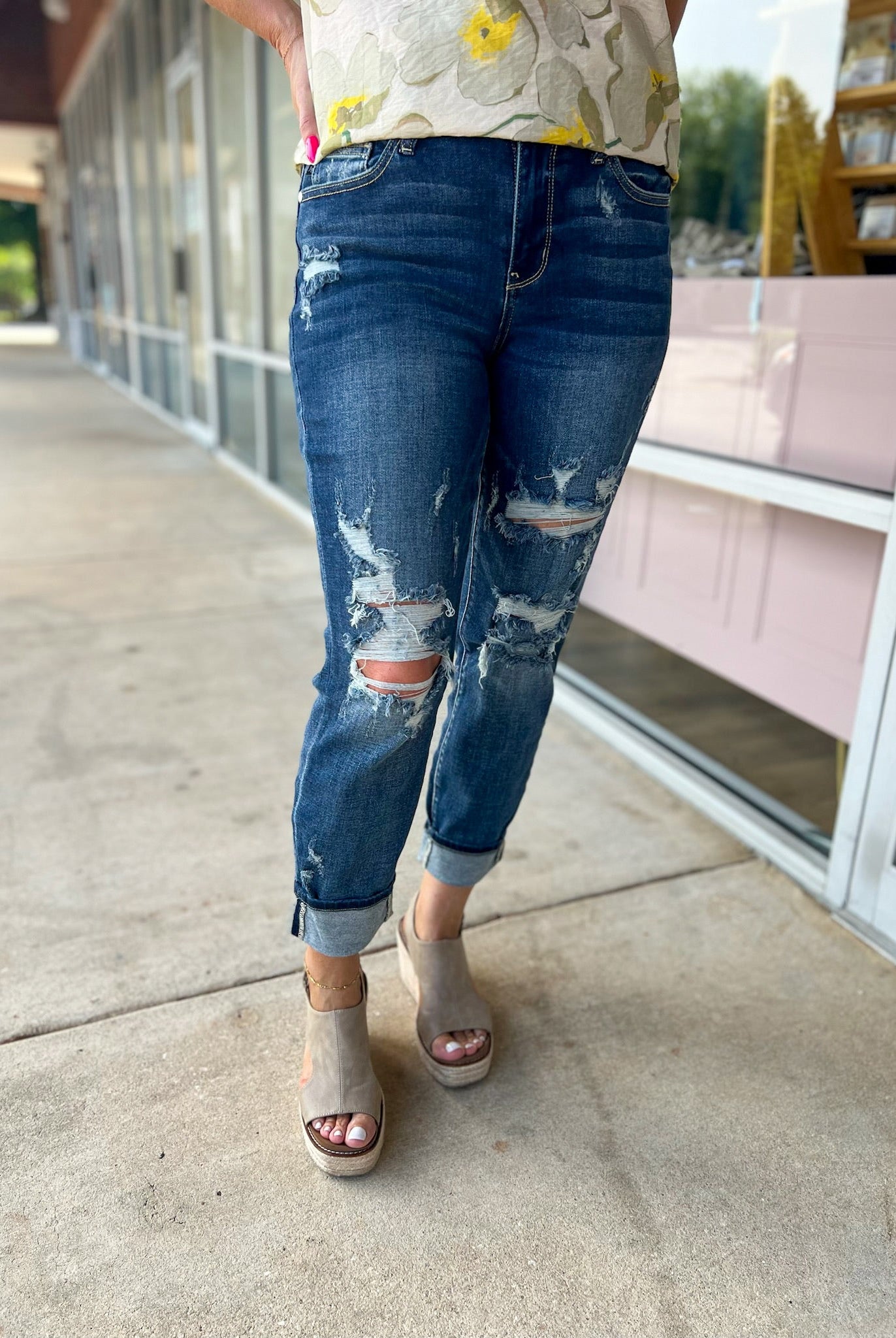Judy Blue Mid Rise Cuffed Destroyed Boyfriend Jeans - A'Bekah's Boutique