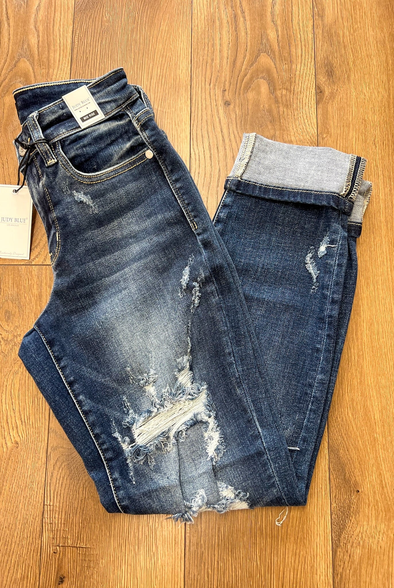 Judy Blue Mid Rise Cuffed Destroyed Boyfriend Jeans - A'Bekah's Boutique