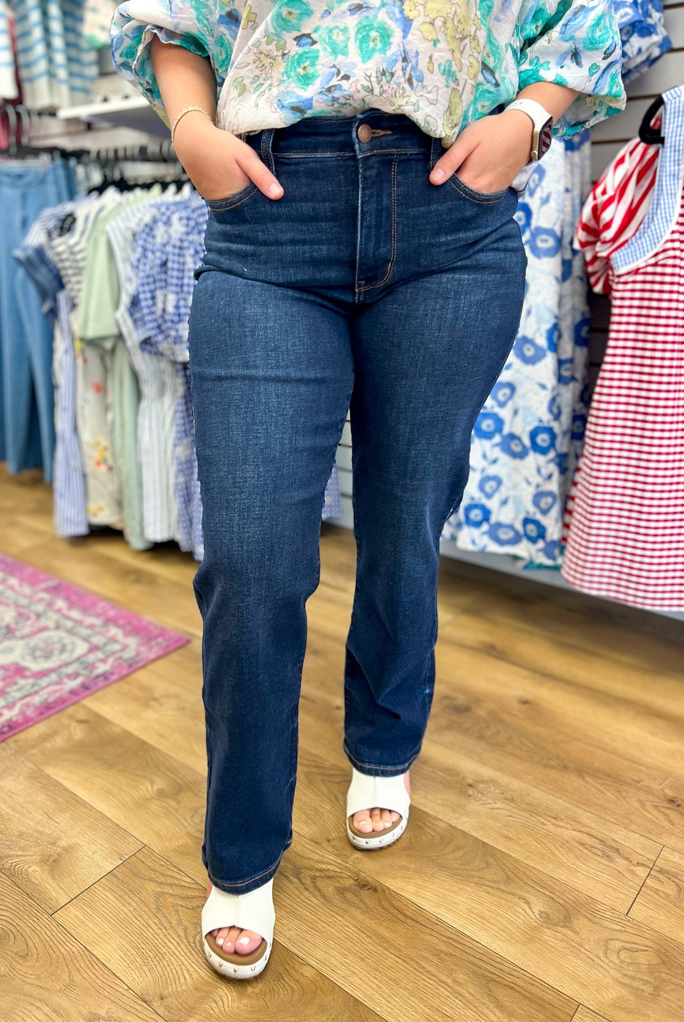 Judy Blue Mid Rise Dark Denim Straight Leg Jeans 30" Inseam - A'Bekah's Boutique