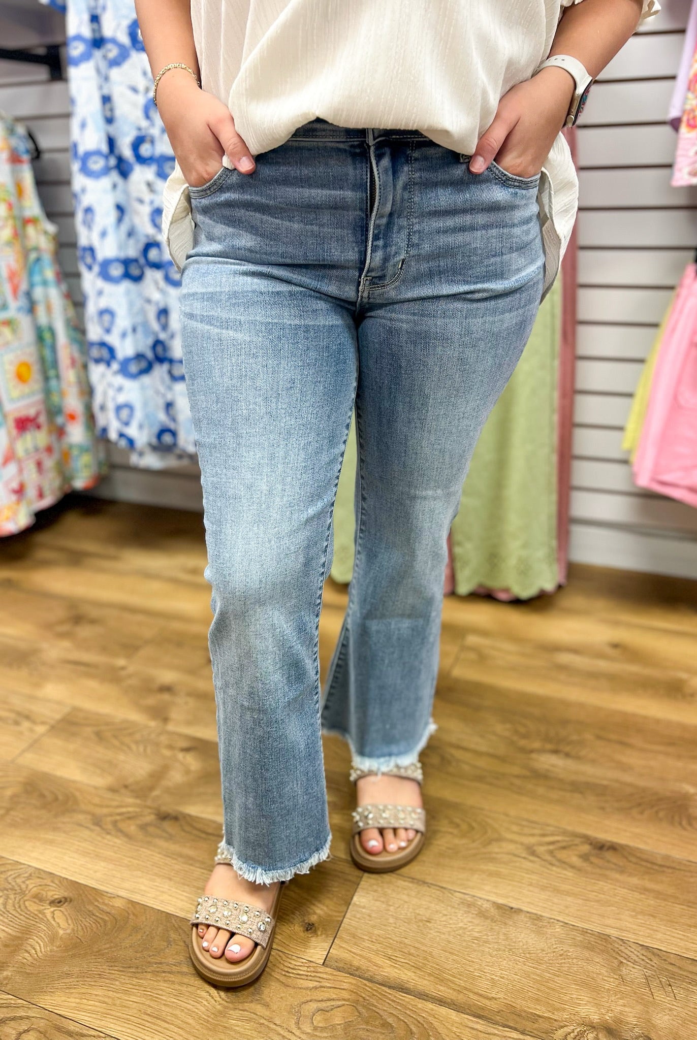 Judy Blue Mid Rise Light Wash Kick Flare Jeans with Frayed Hem 26.5" Inseam - A'Bekah's Boutique