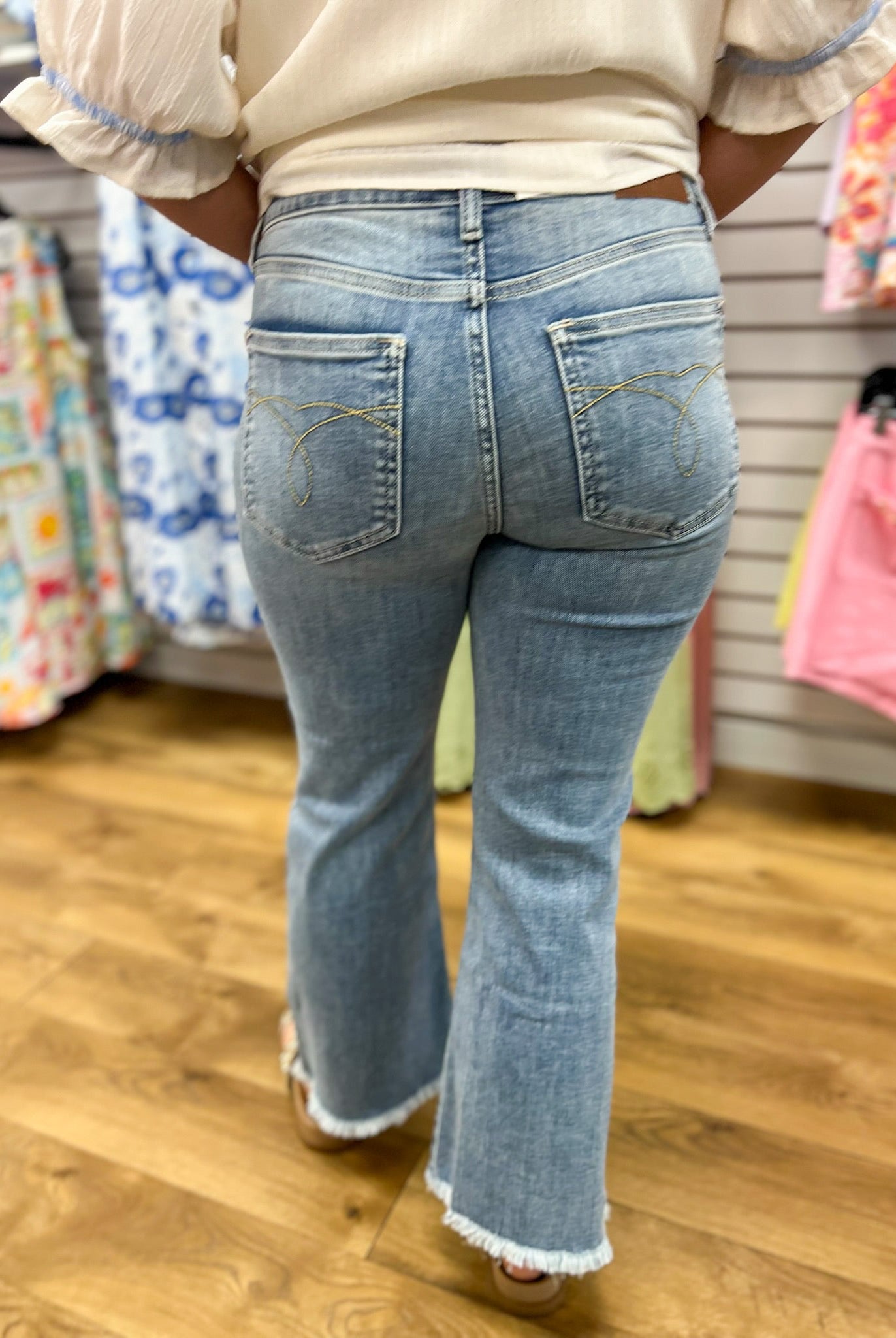 Judy Blue Mid Rise Light Wash Kick Flare Jeans with Frayed Hem 26.5" Inseam - A'Bekah's Boutique