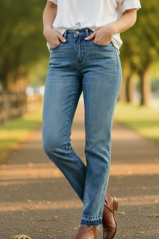 Judy Blue Mid Rise Rigid Magic Release Hem Boyfriend Jeans - A'Bekah's Boutique