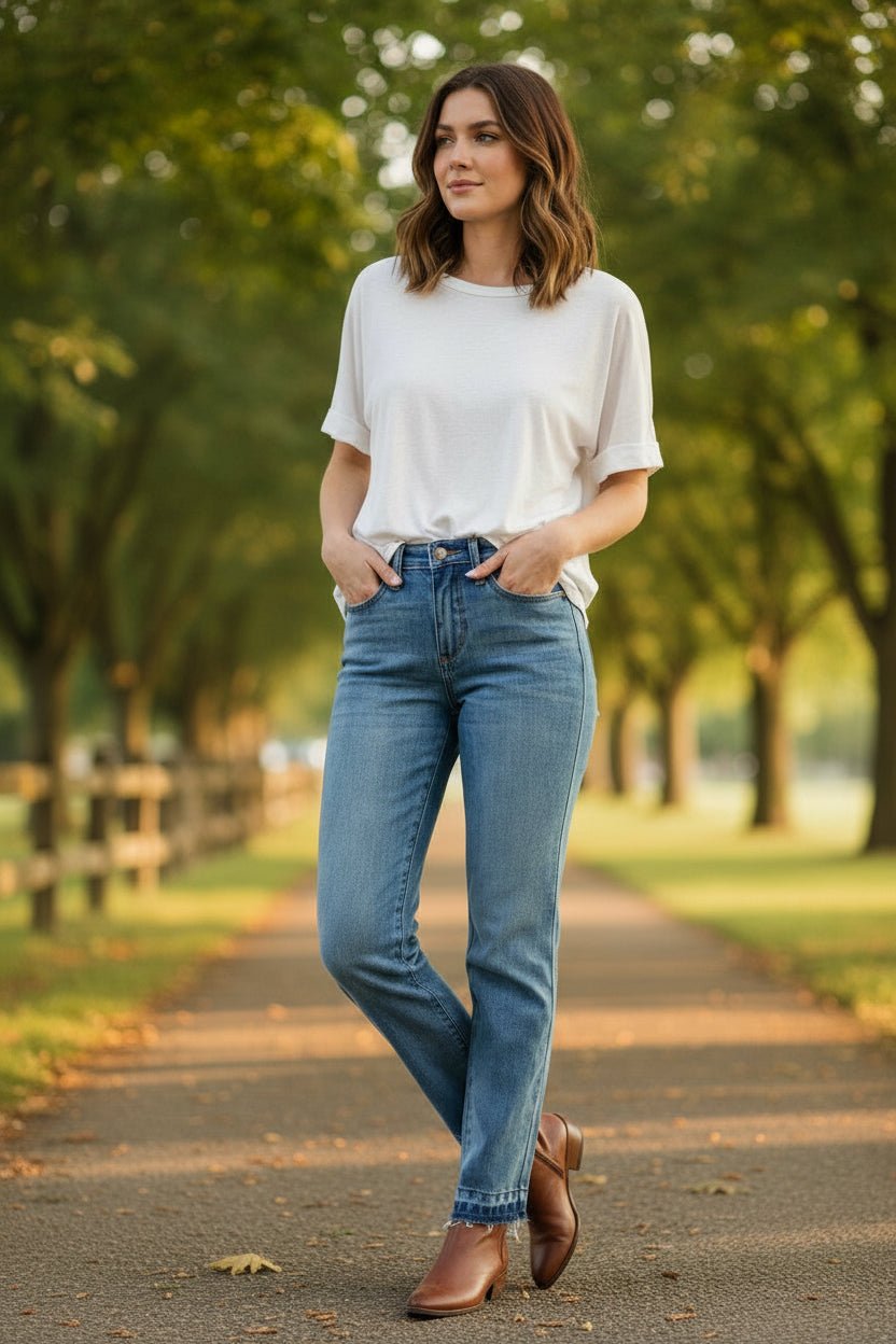 Judy Blue Mid Rise Rigid Magic Release Hem Boyfriend Jeans - A'Bekah's Boutique