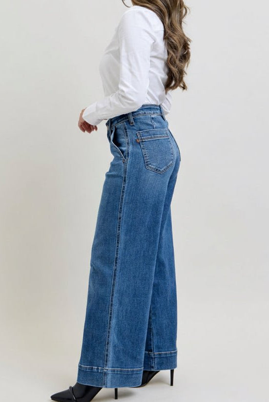 Judy Blue PETITE Mid Rise Trouser Wide Leg Jeans - A'Bekah's Boutique