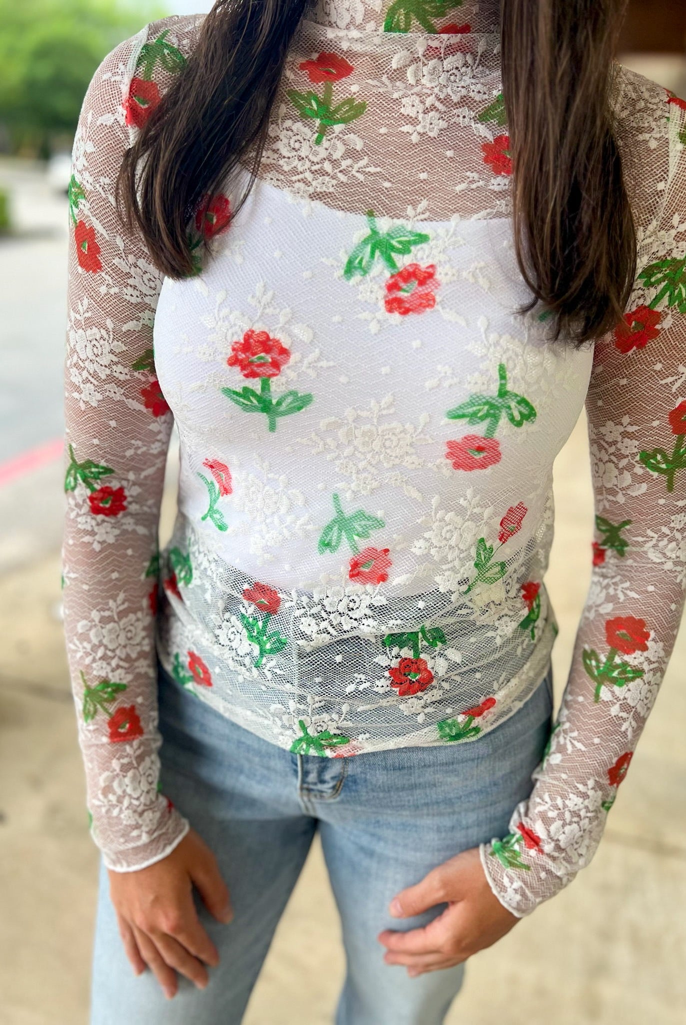 Just a Theory Ecru Floral Sheer Long Sleeve Top - A'Bekah's Boutique