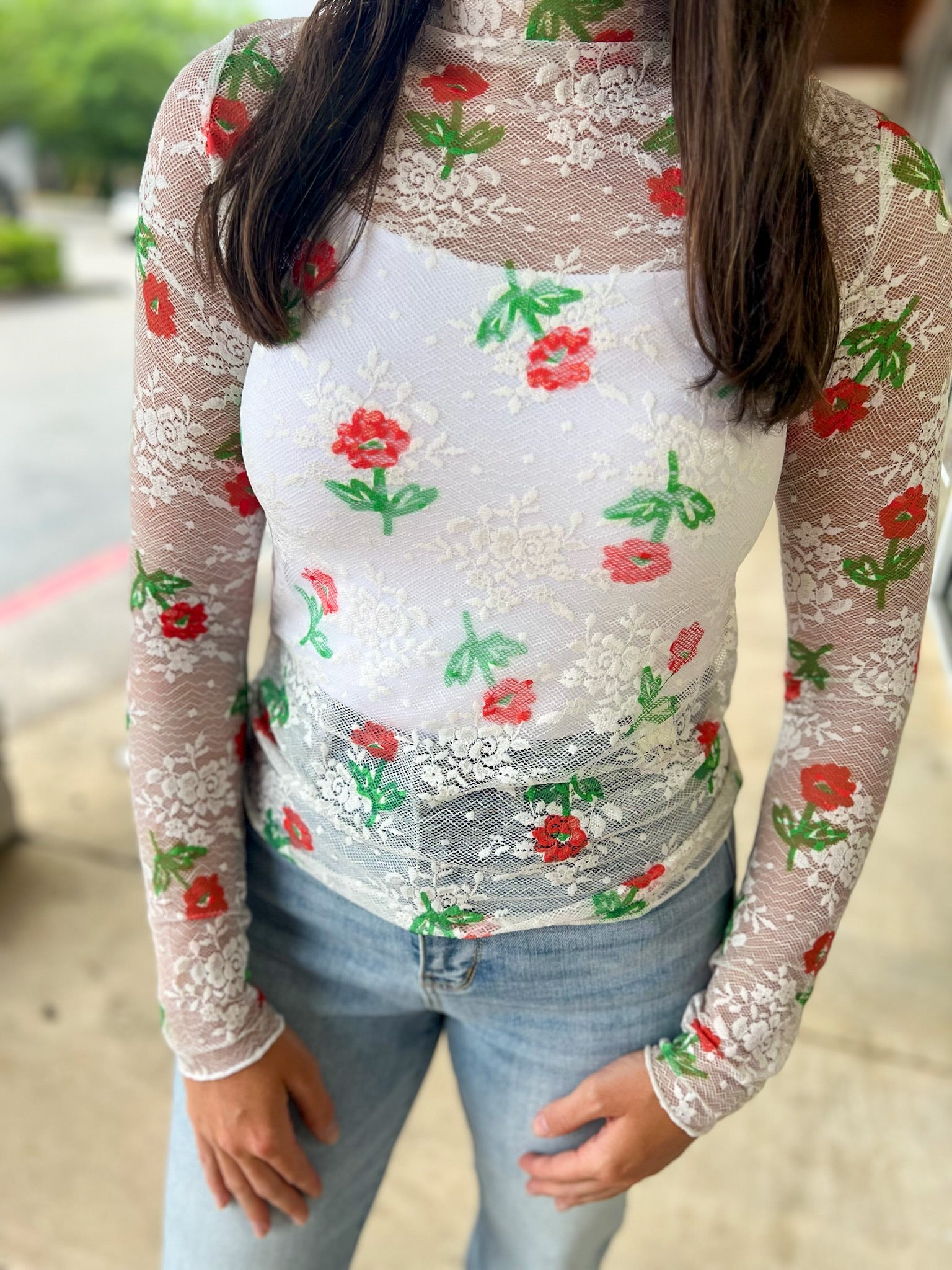 Just a Theory Ecru Floral Sheer Long Sleeve Top - A'Bekah's Boutique