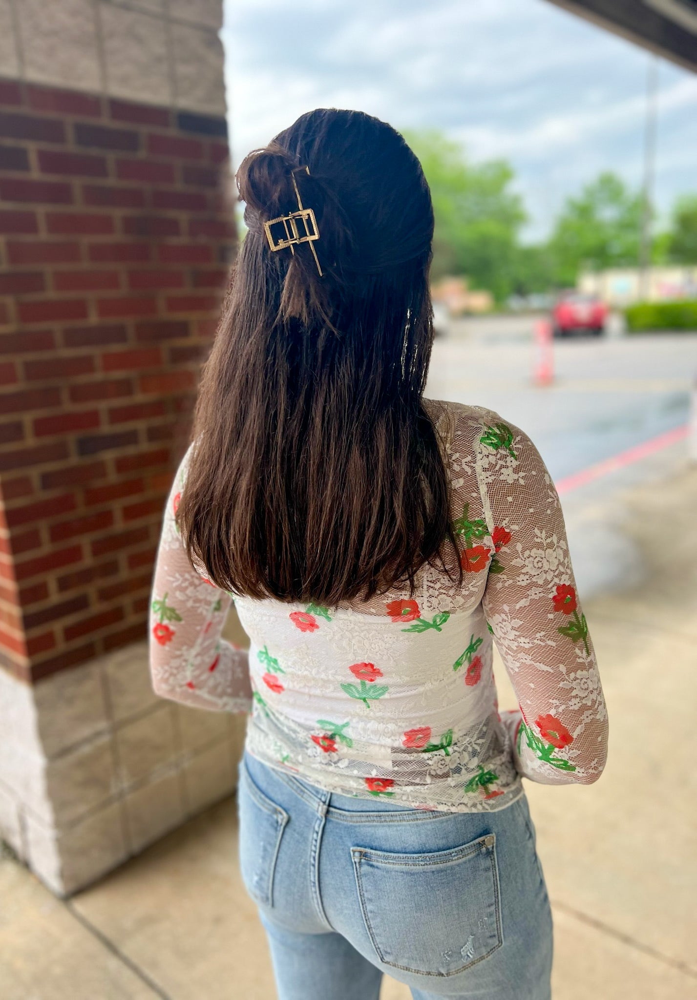 Just a Theory Ecru Floral Sheer Long Sleeve Top - A'Bekah's Boutique