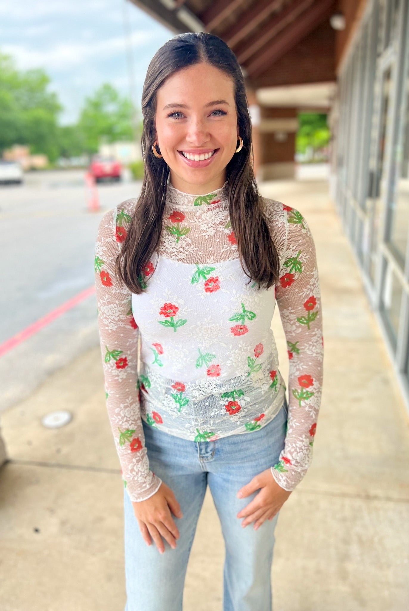 Just a Theory Ecru Floral Sheer Long Sleeve Top - A'Bekah's Boutique