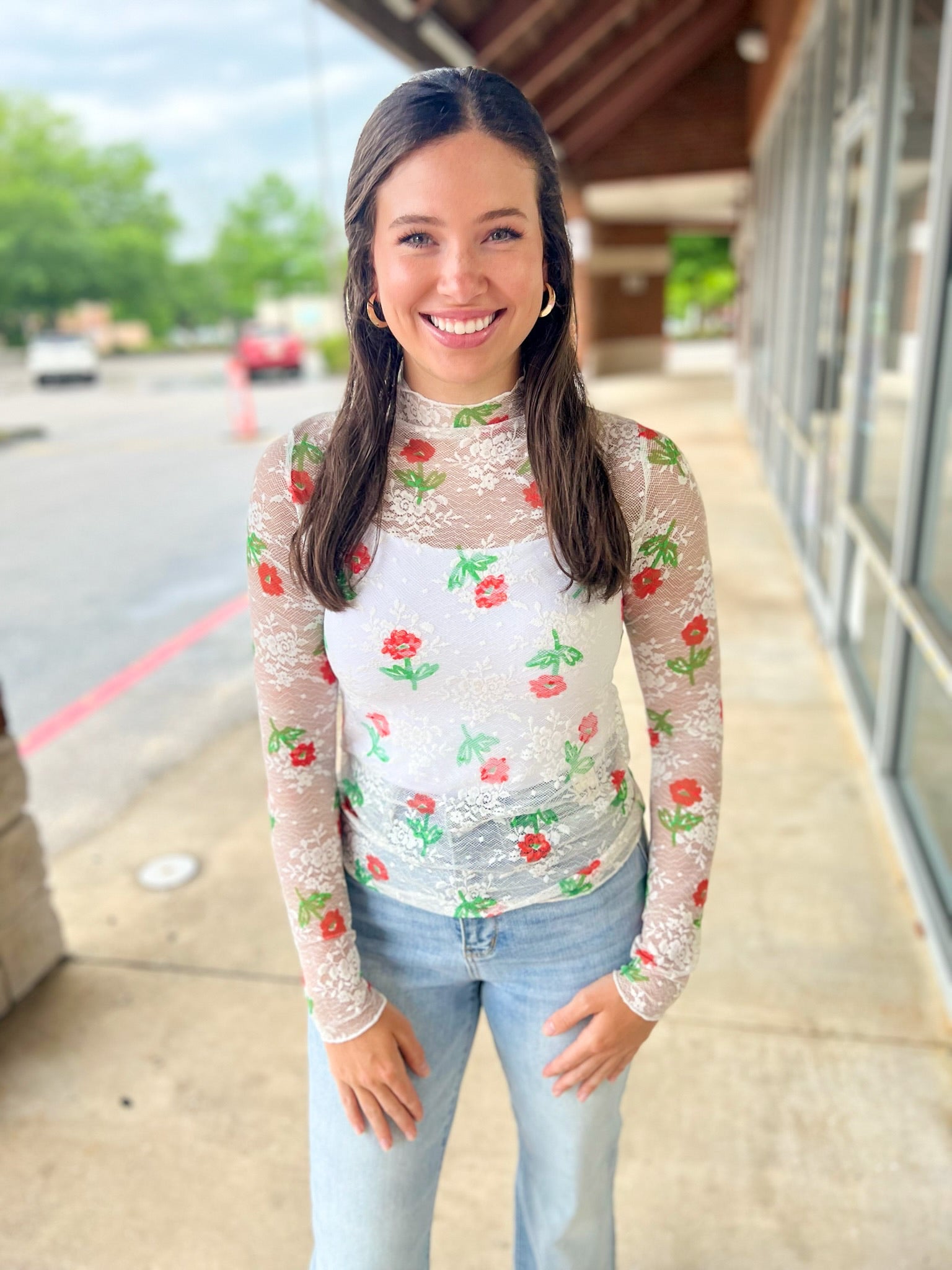 Just a Theory Ecru Floral Sheer Long Sleeve Top - A'Bekah's Boutique