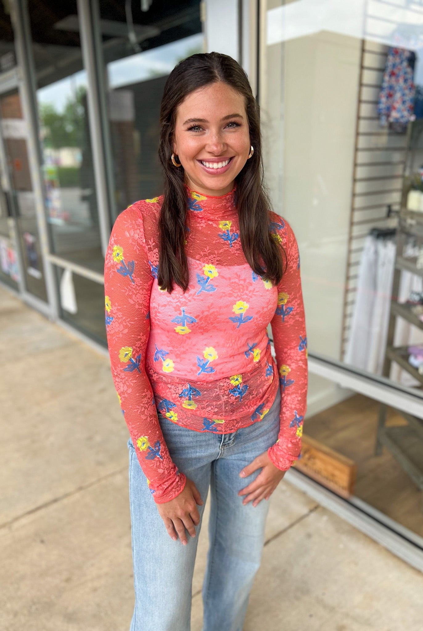 Just a Theory Salmon Floral Sheer Long Sleeve Top - A'Bekah's Boutique