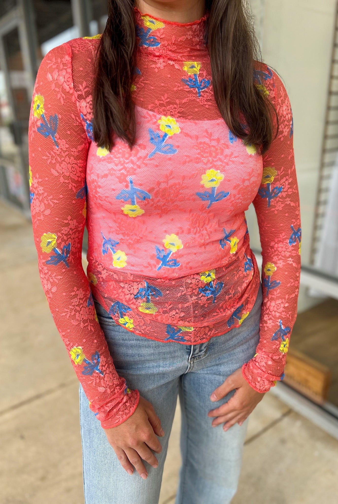 Just a Theory Salmon Floral Sheer Long Sleeve Top - A'Bekah's Boutique