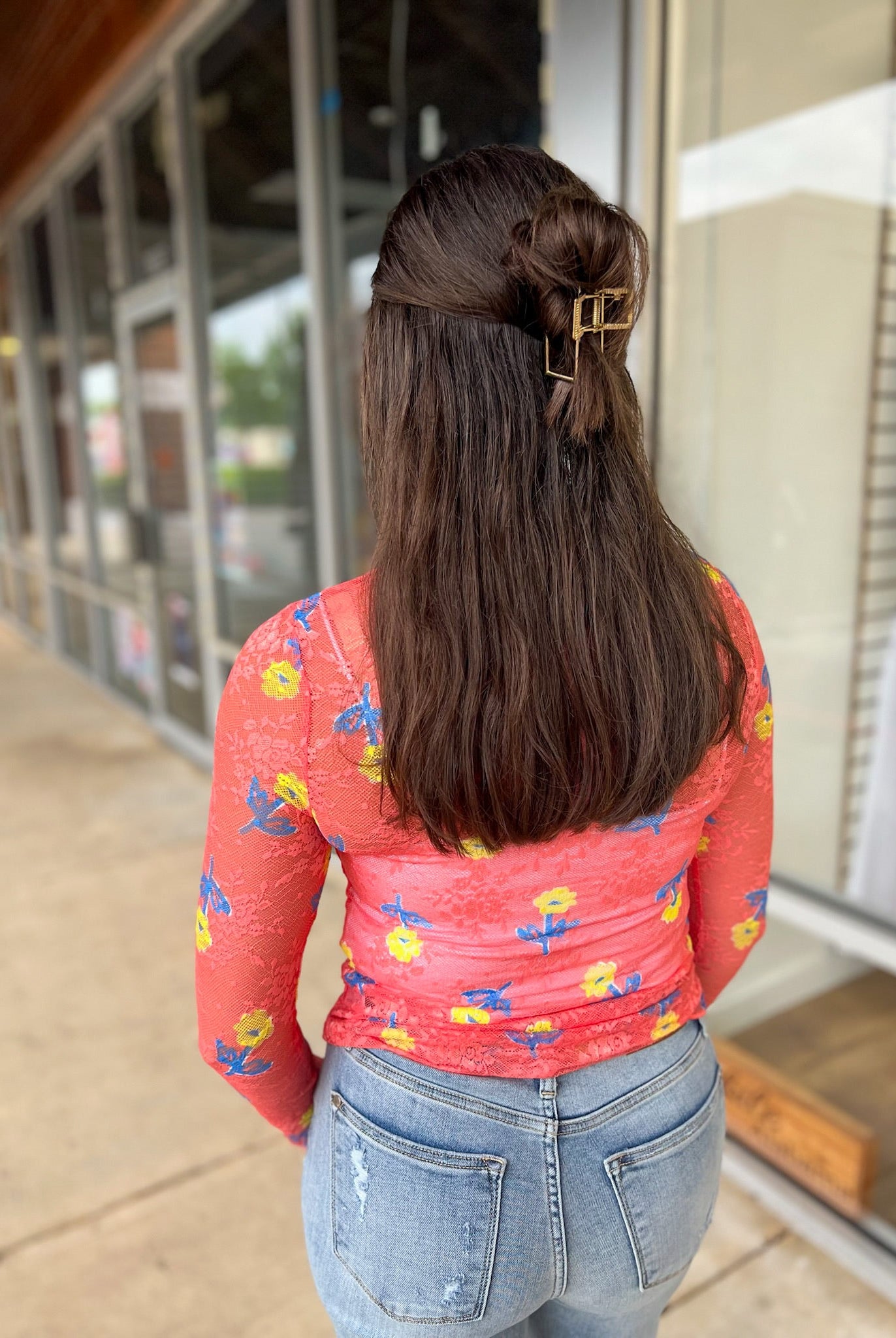Just a Theory Salmon Floral Sheer Long Sleeve Top - A'Bekah's Boutique