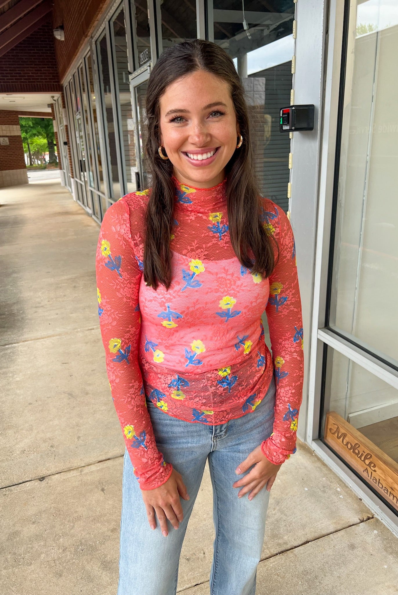 Just a Theory Salmon Floral Sheer Long Sleeve Top - A'Bekah's Boutique