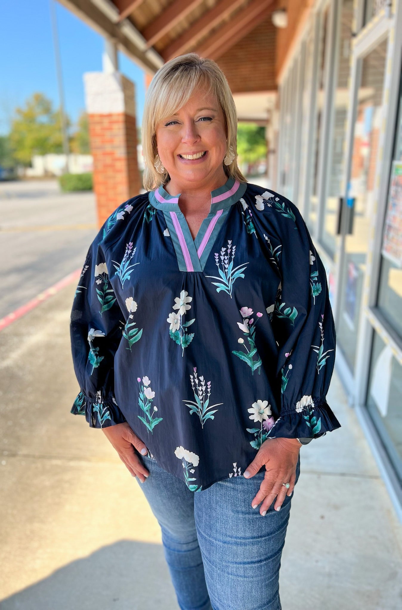 Just Because Curvy Midnight Mix Floral V - Neck Top (C) - A'Bekah's Boutique