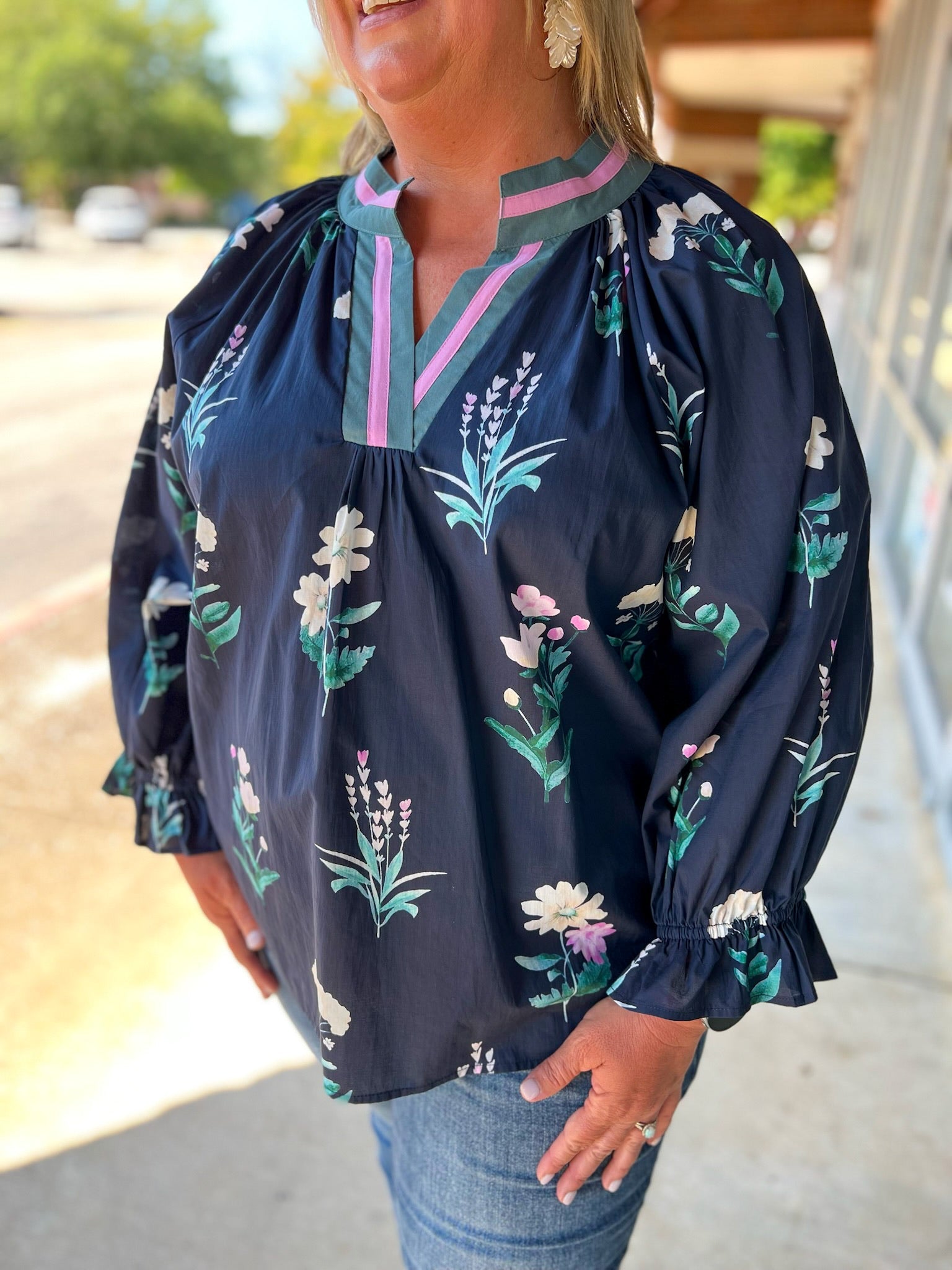 Just Because Curvy Midnight Mix Floral V - Neck Top (C) - A'Bekah's Boutique
