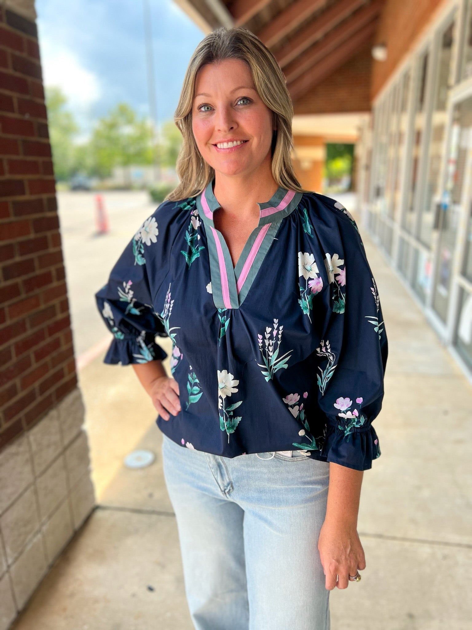 Just Because Midnight Mix Floral V - Neck Top (R) - A'Bekah's Boutique