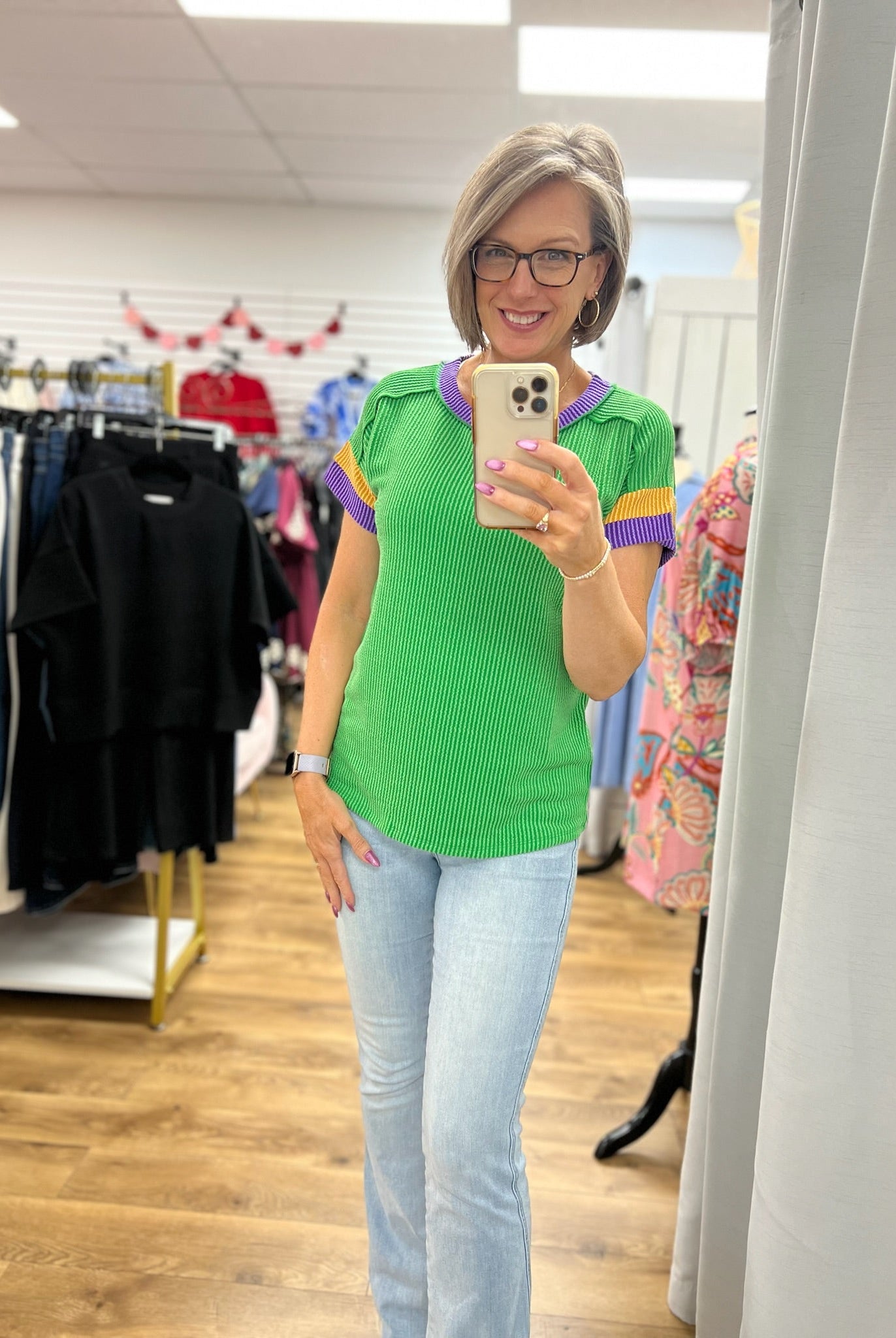 Kelly Green Ribbed Top with Purple and Gold Banding on Sleeves - A'Bekah's Boutique