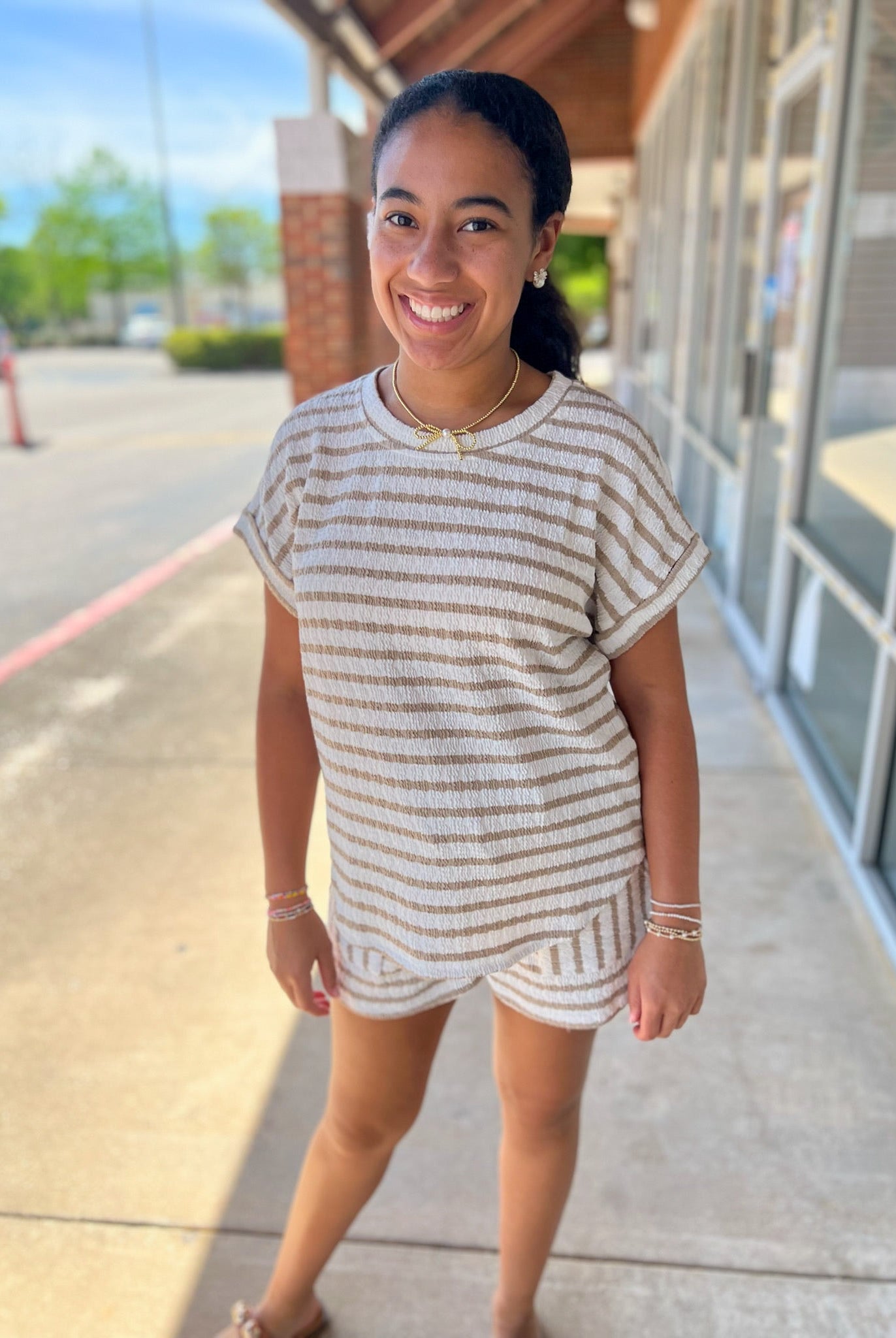 Khaki Striped Short Sleeve Short Set - A'Bekah's Boutique
