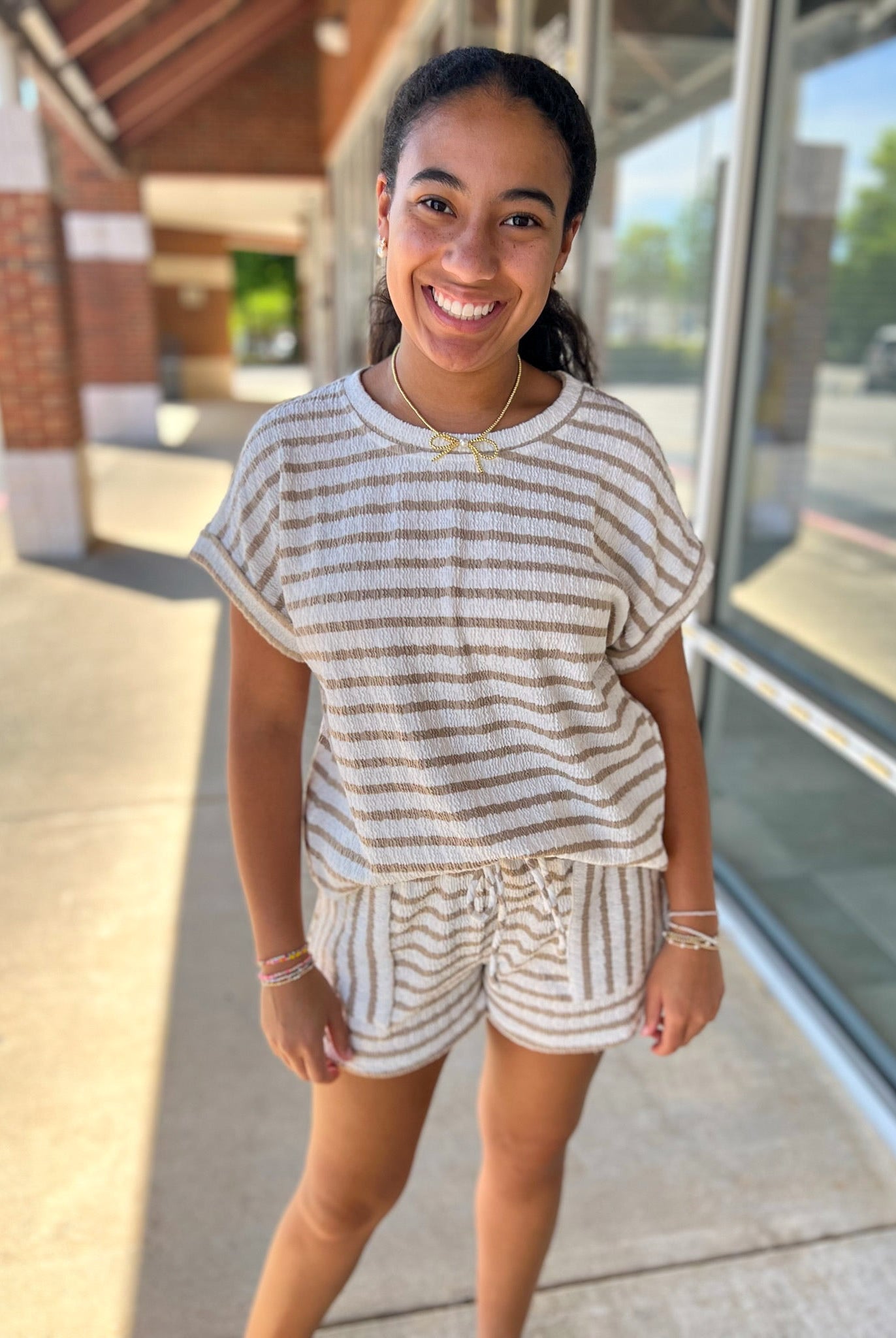 Khaki Striped Short Sleeve Short Set - A'Bekah's Boutique