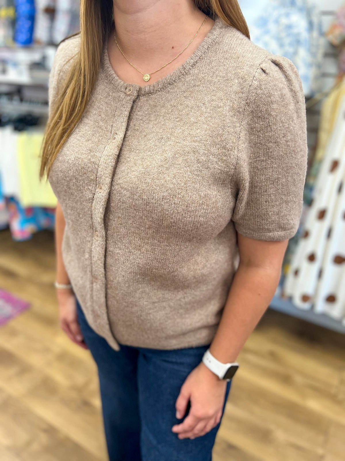 Latte Button Front Short Sleeve Cardigan - A'Bekah's Boutique