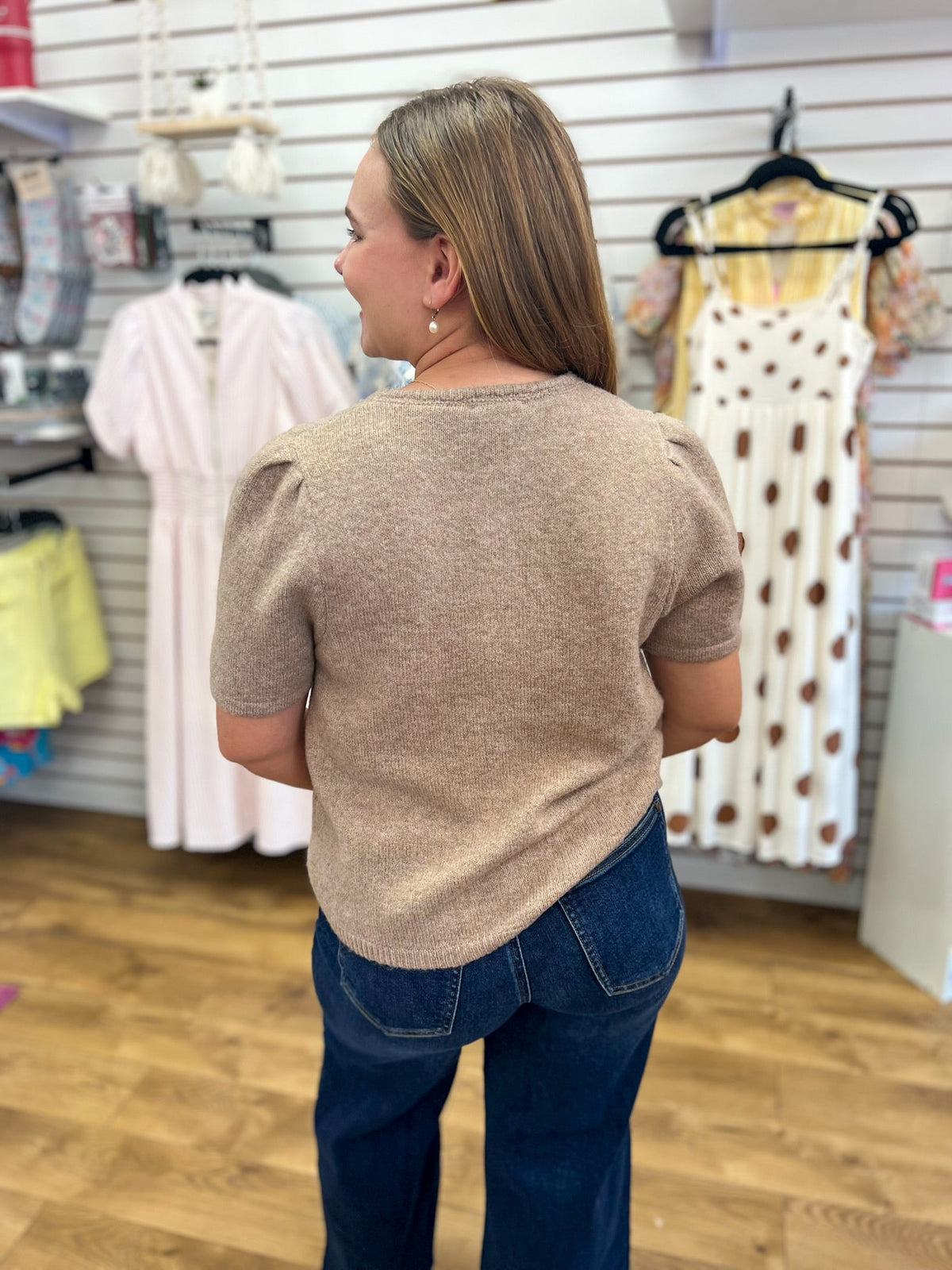Latte Button Front Short Sleeve Cardigan - A'Bekah's Boutique