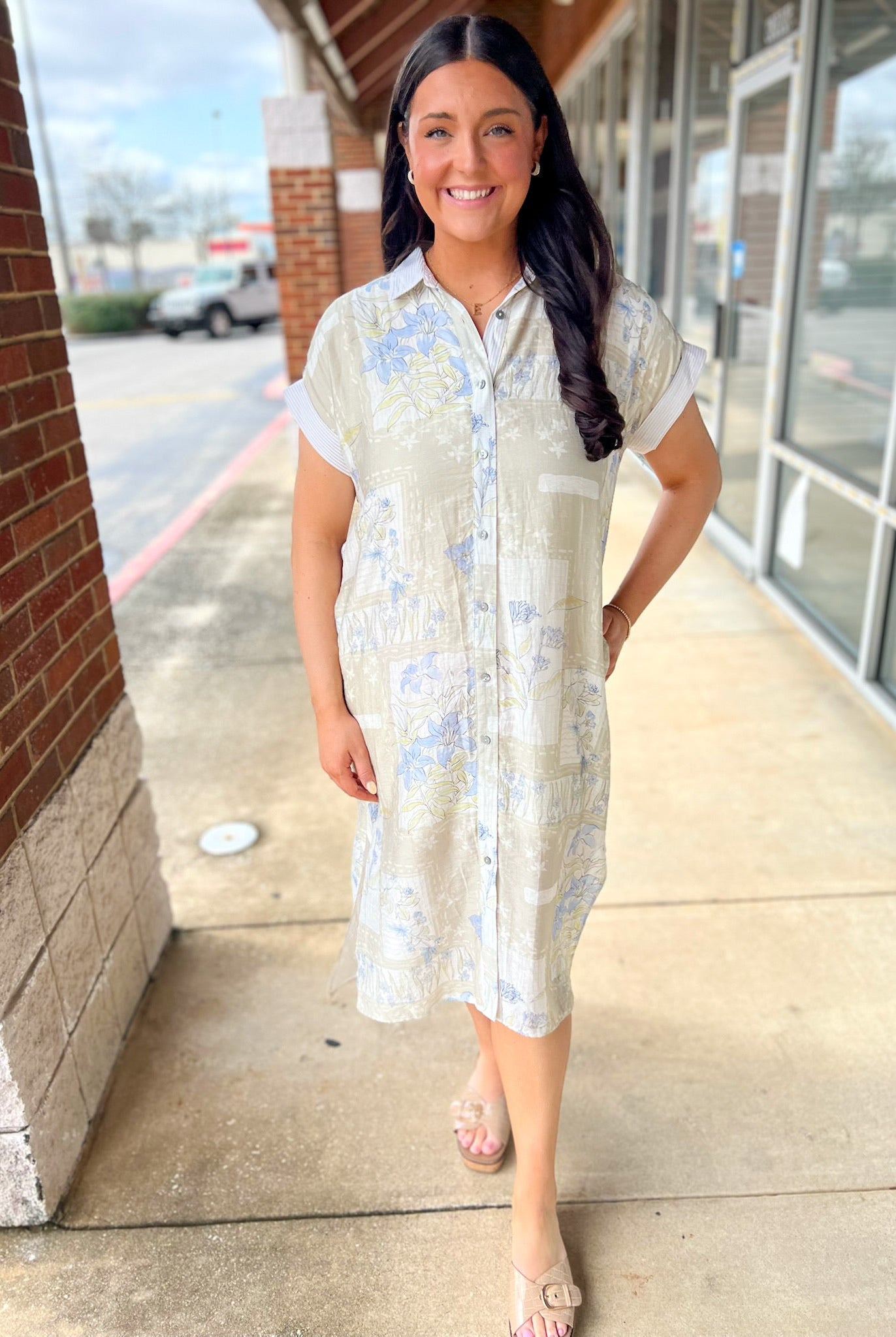 Latte Floral Short Sleeve Midi Dress with Side Slits and Pockets - A'Bekah's Boutique