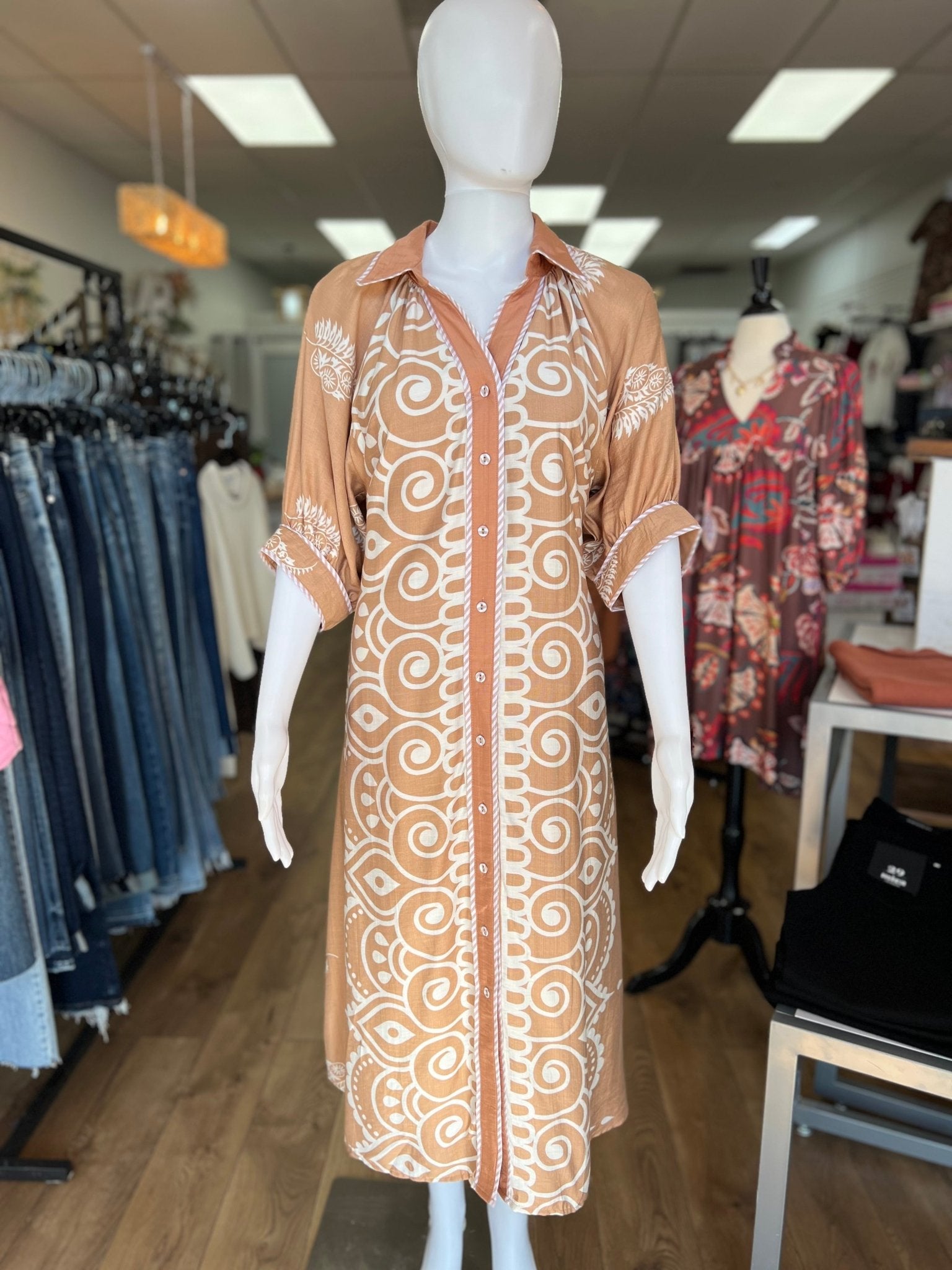 Latte Two Toned Paisley Border Print Midi Dress - A'Bekah's Boutique